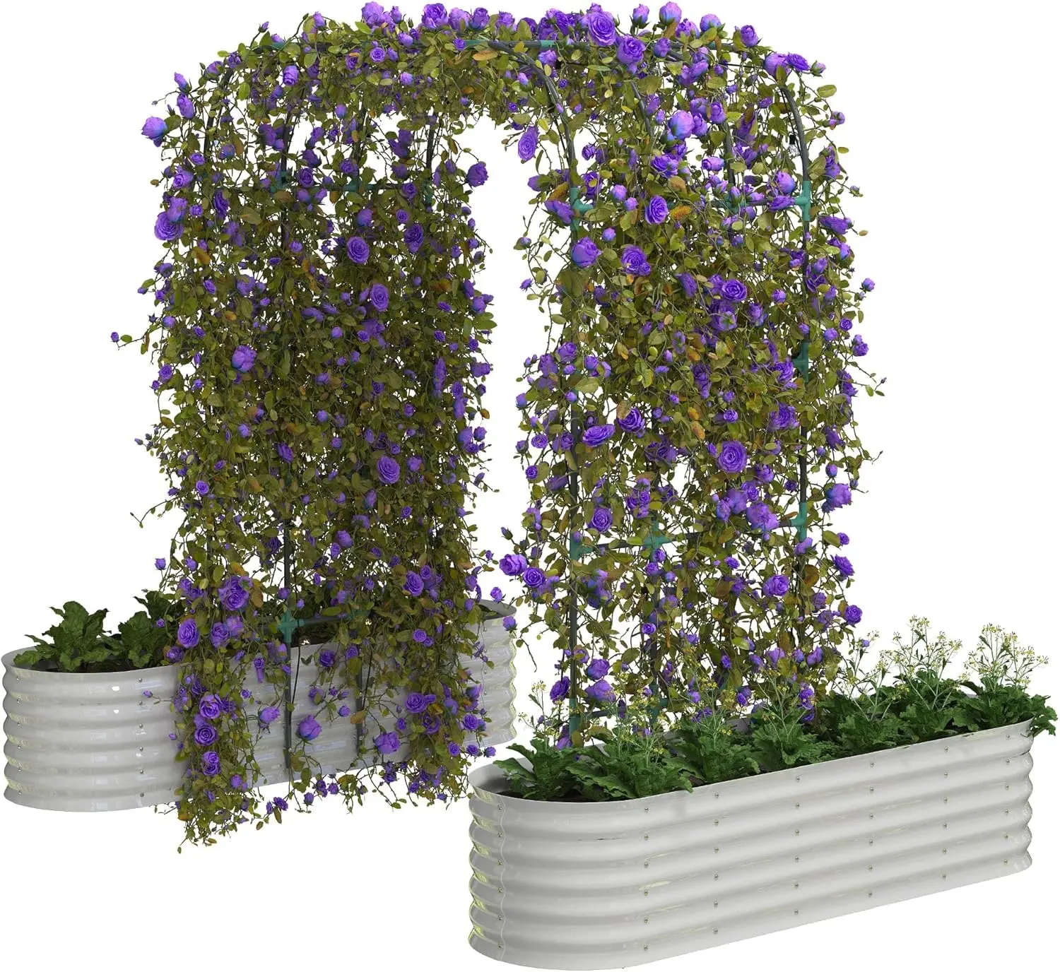 2Pcs Raised Garden Bed Set with Arch Trellis, 200x60x45cm Green Steel