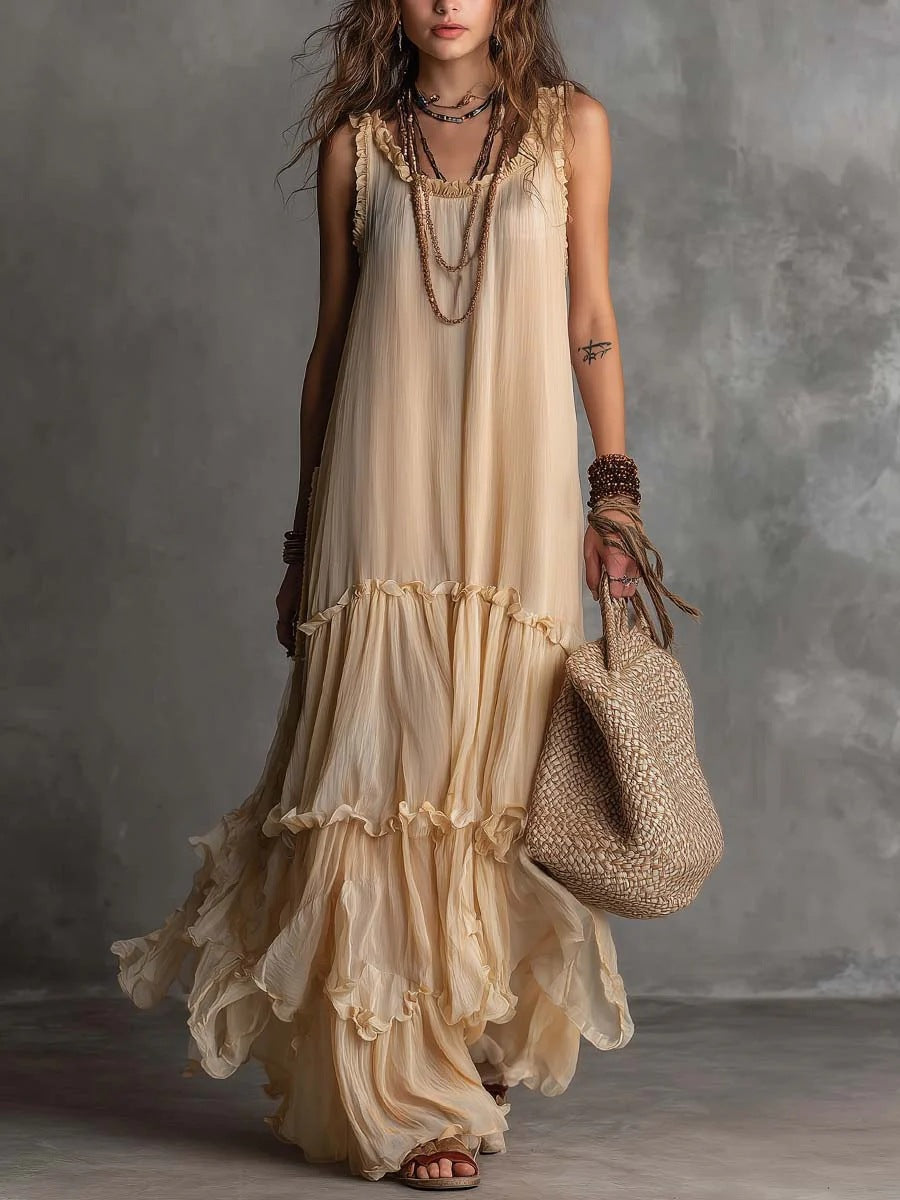 Boho Tiered Ruffle Chiffon Maxi Dress – Sleeveless Flowy Beige Summer Sundress for Women