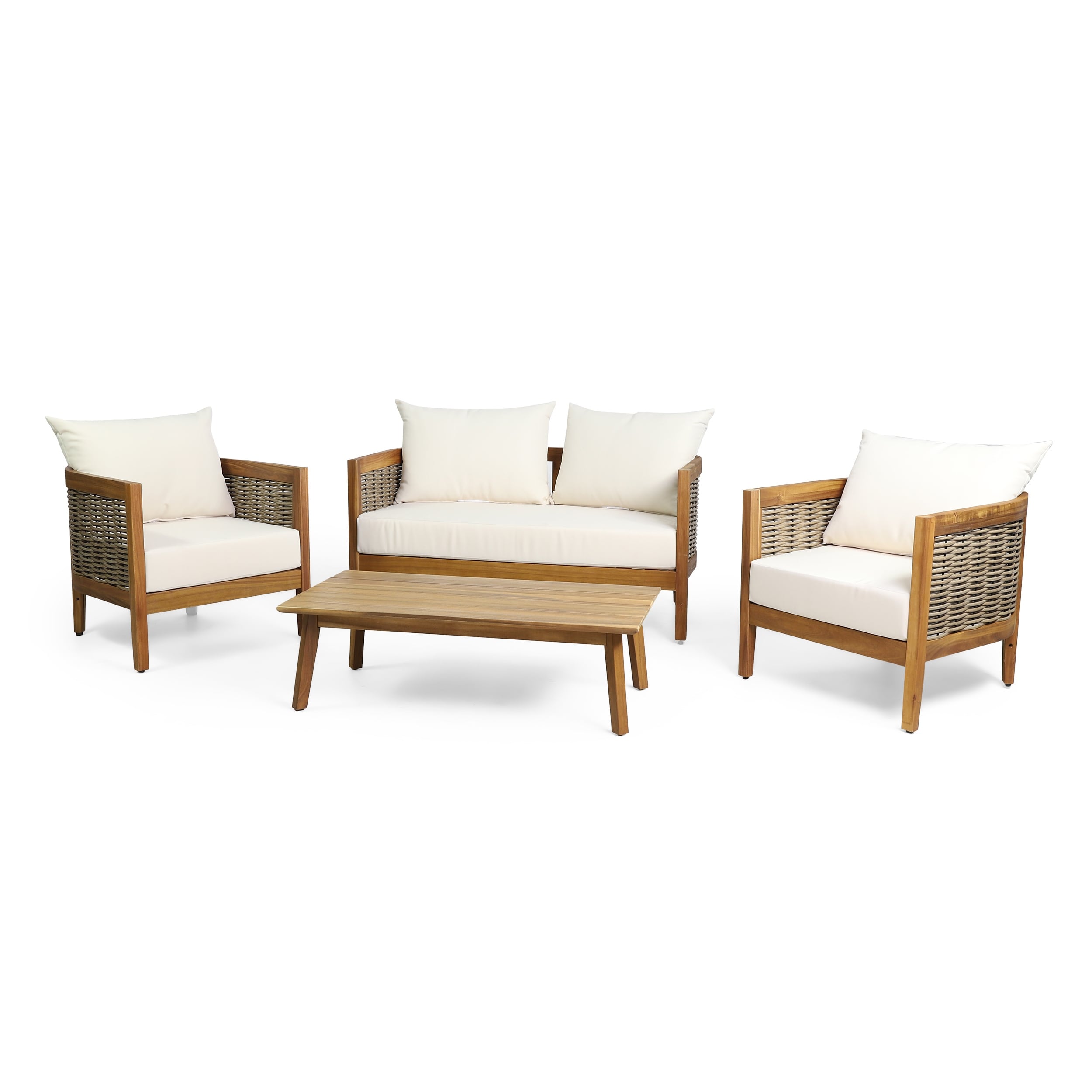 Burchett Outdoor Acacia Wood and Wicker 4 Seater Chat Set with Optional Sunbrella Cushions by Christopher Knight Home