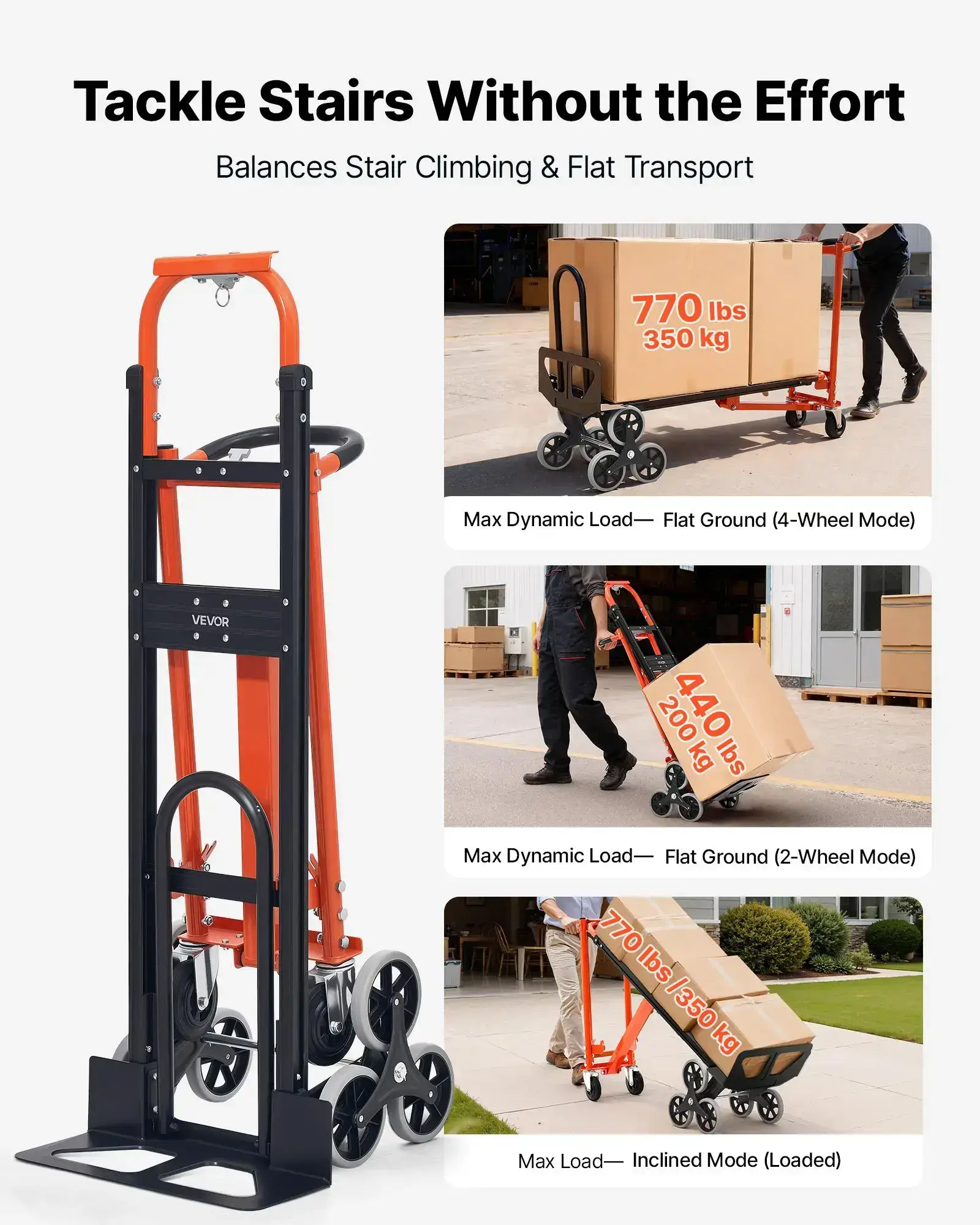 3 in 1 Industrial Convertible Stair Climbing Cart, 770 lbs Max Load, Folding Hand Truck Dolly with Handle & Wheels, Stair Climbing Utility Trolley for Transport & Moving, Orange & Silver