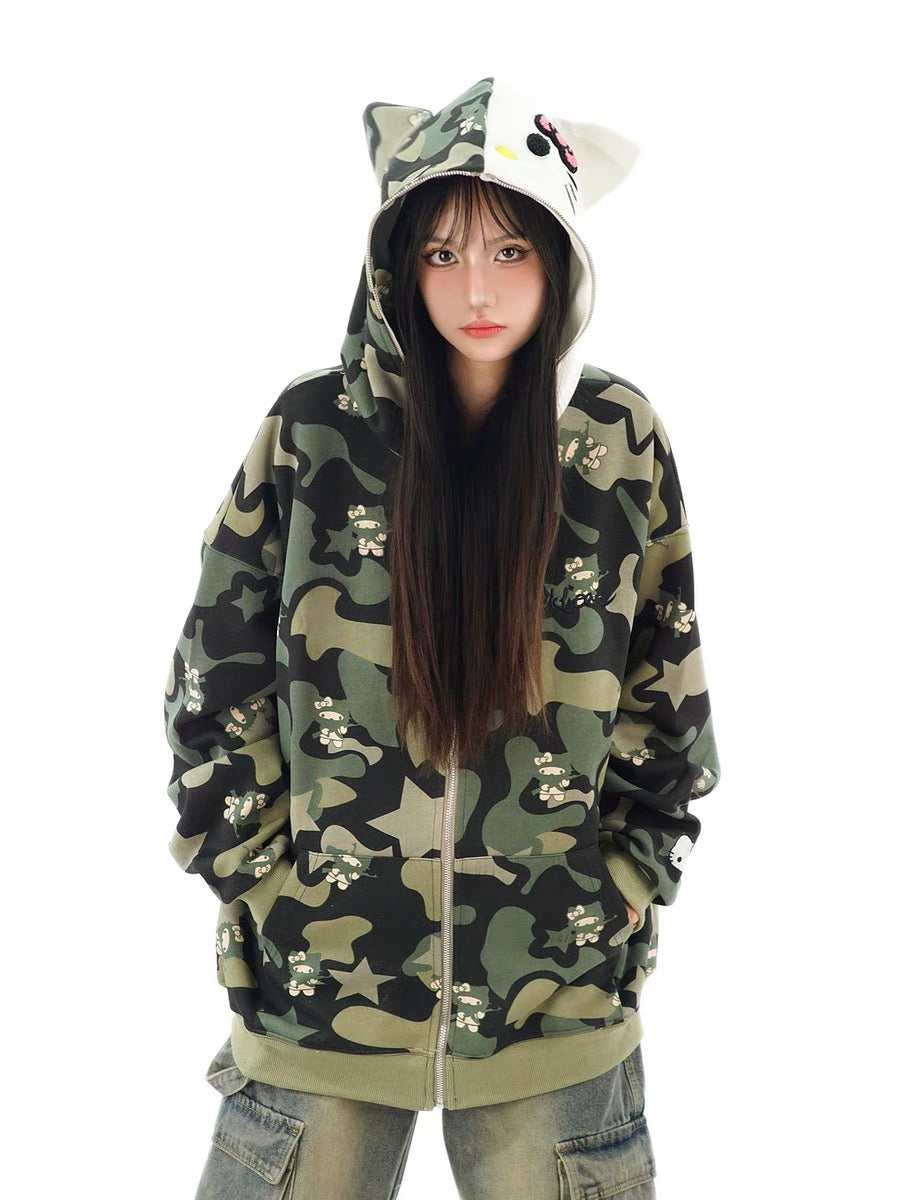 Hellokitty Camouflage Drawstring Zip Up Oversized Hoodies Jacket