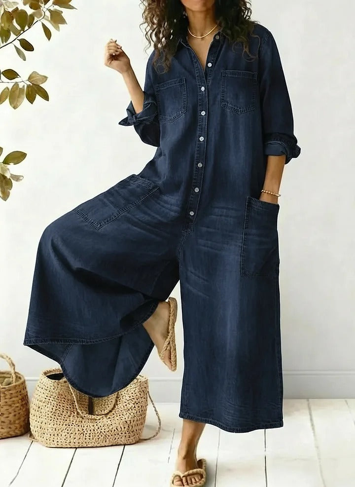 Women's Cozy And Casual Denim Jumpsuit With Large Front Pockets