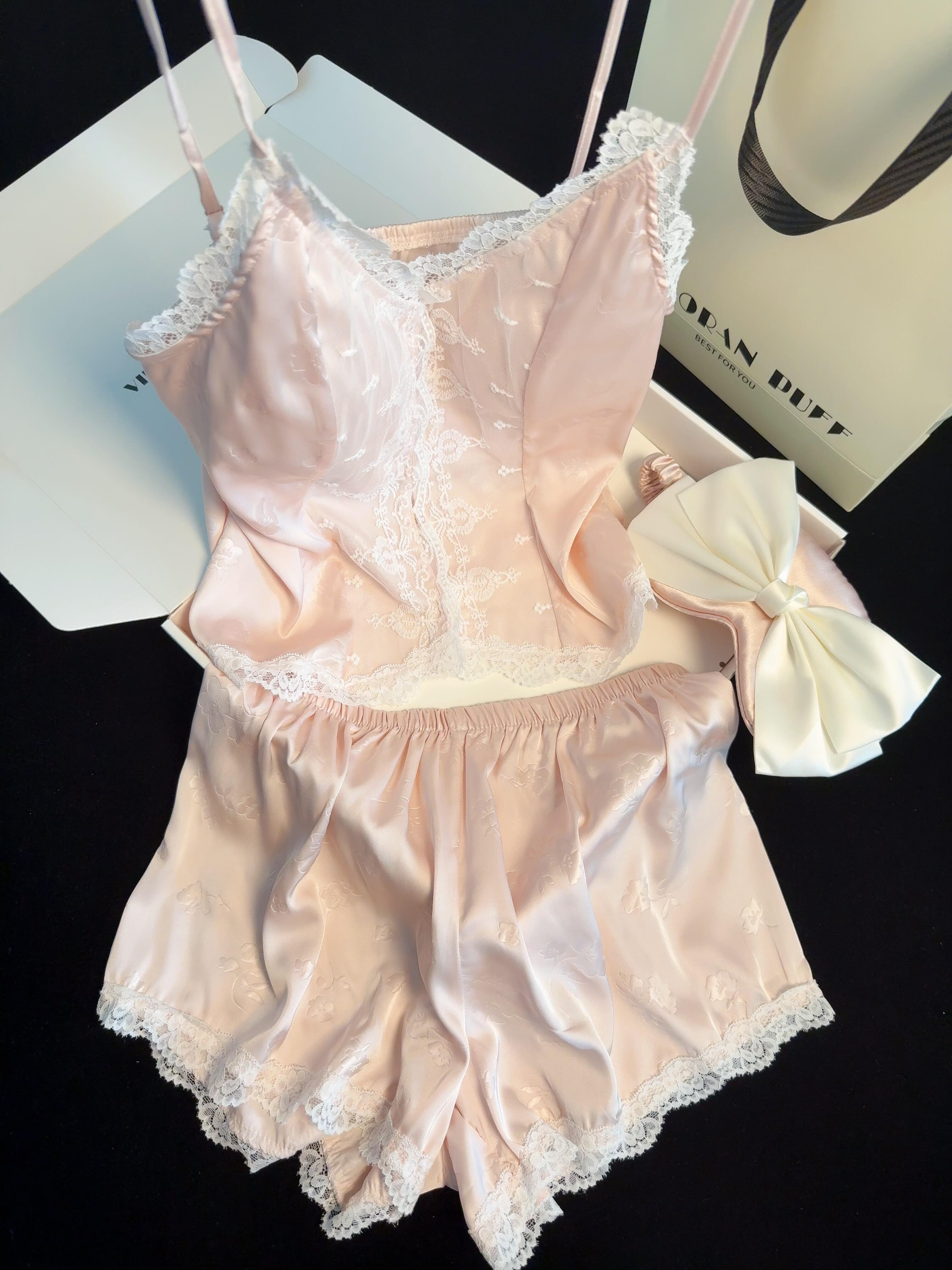 Satin Lace Pajama Set for Women 2 Piece Silky Lingerie Sleepwear Camisole Pj Shorts Set Soft Nightwear