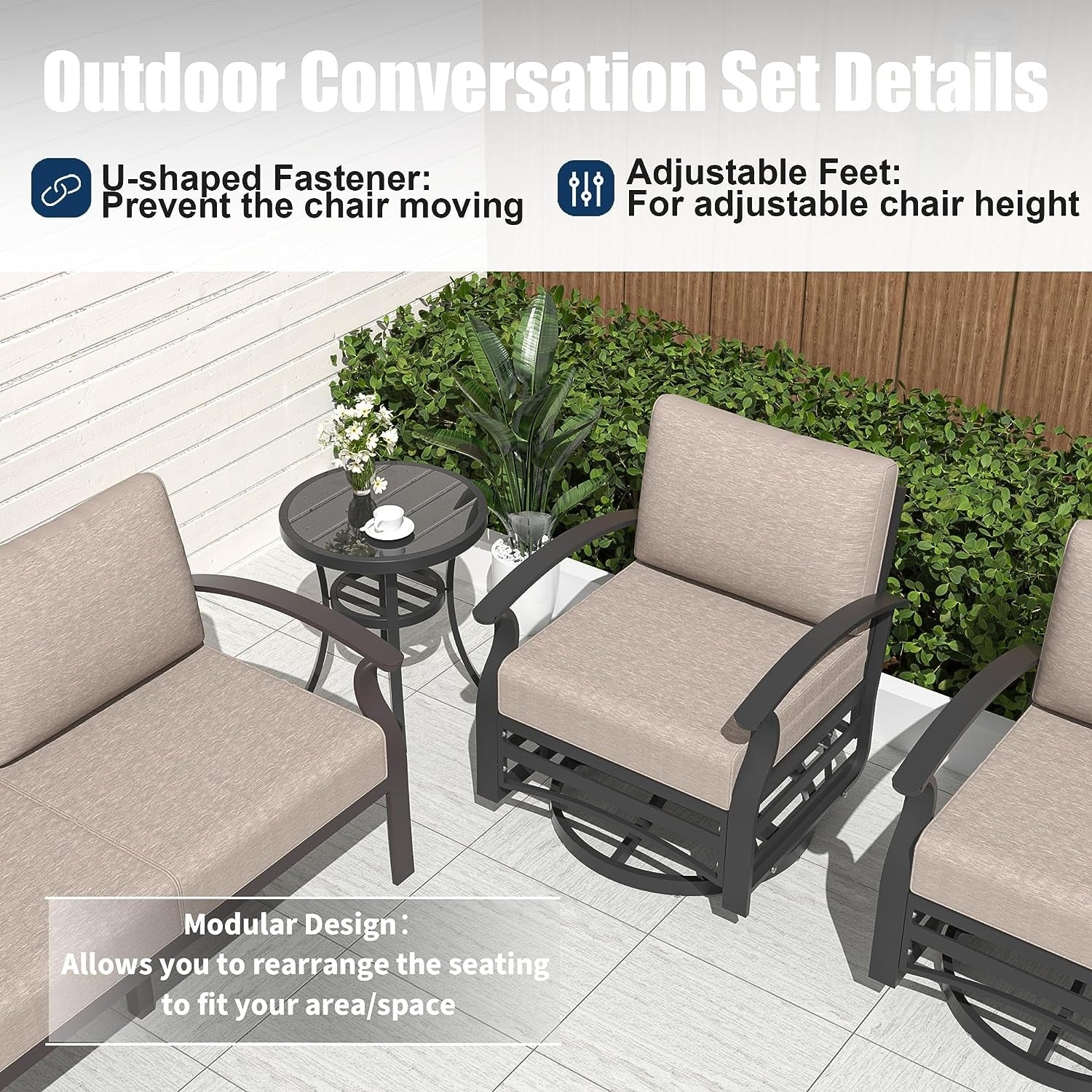 Kullavik Aluminum Outdoor Patio Furniture with Curved Armrests & Firepit Table
