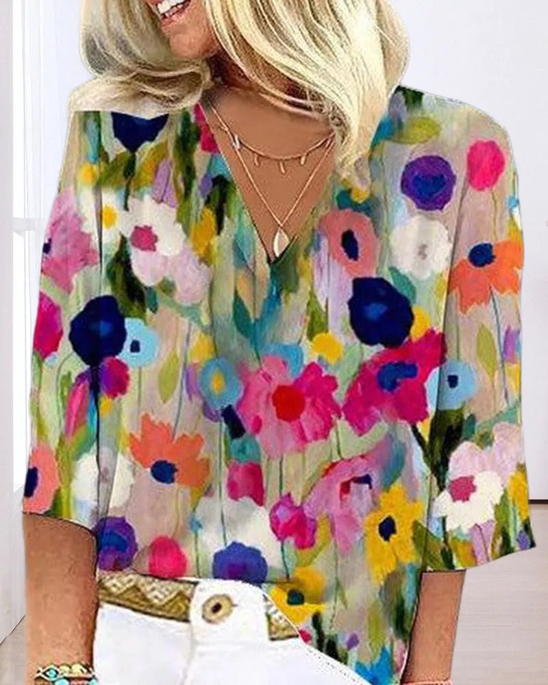 Colorful floral print V-neck three-quarter sleeve casual shirt
