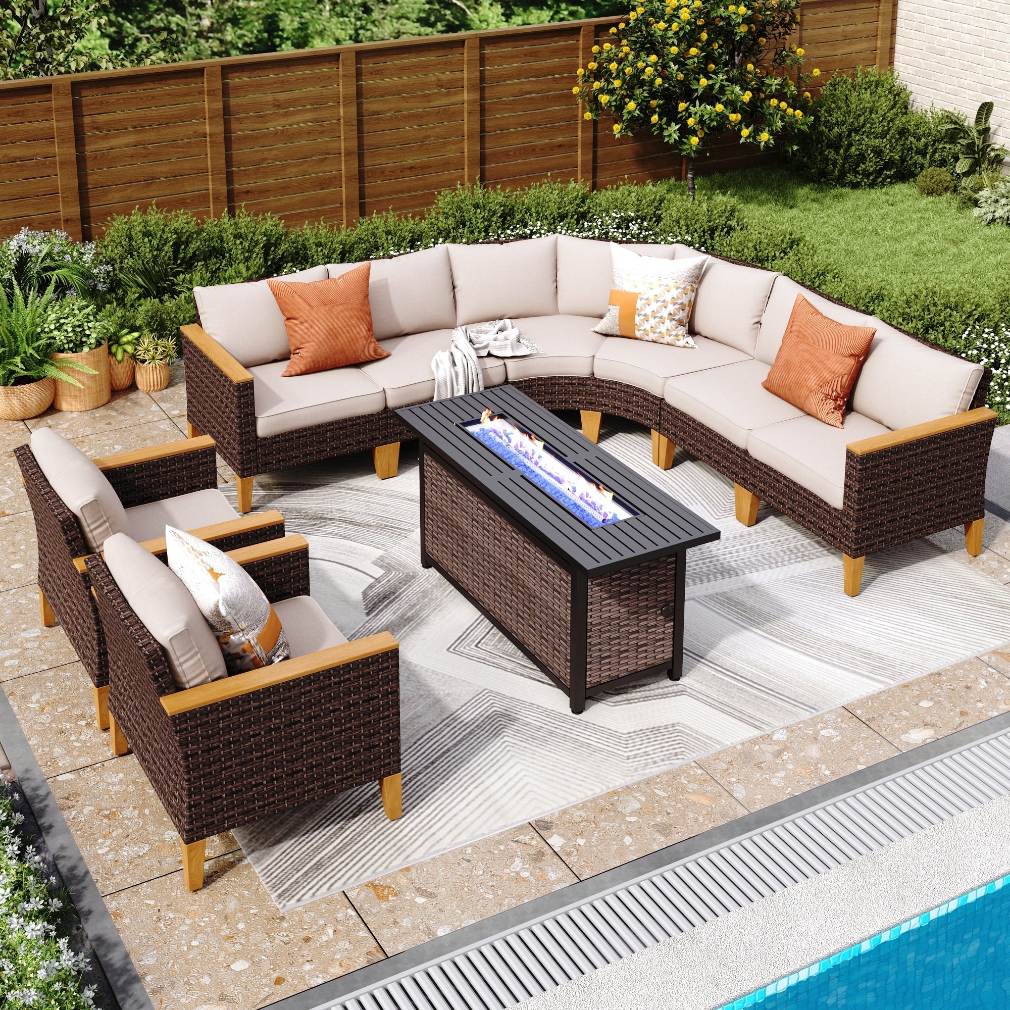 6-11 Piece Patio Outdoor Wicker Sectional Sofa Half-Moon Furniture Set Large Seating Conversation Sets with Fire Pit Table