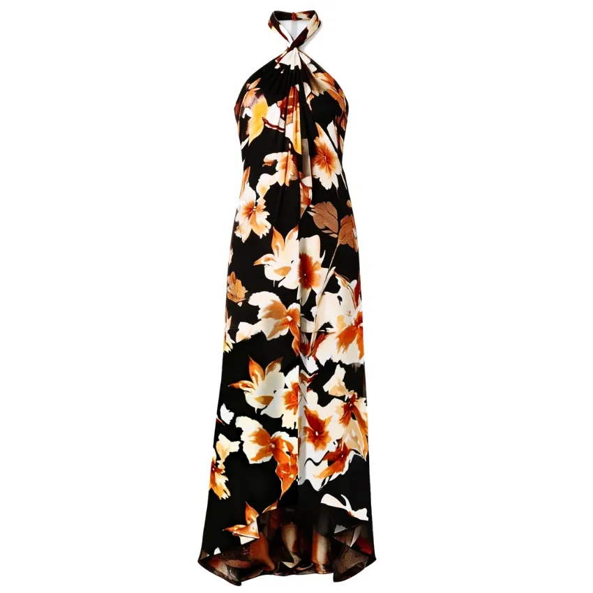 Orange Floral Print Halter Neck Maxi Dress