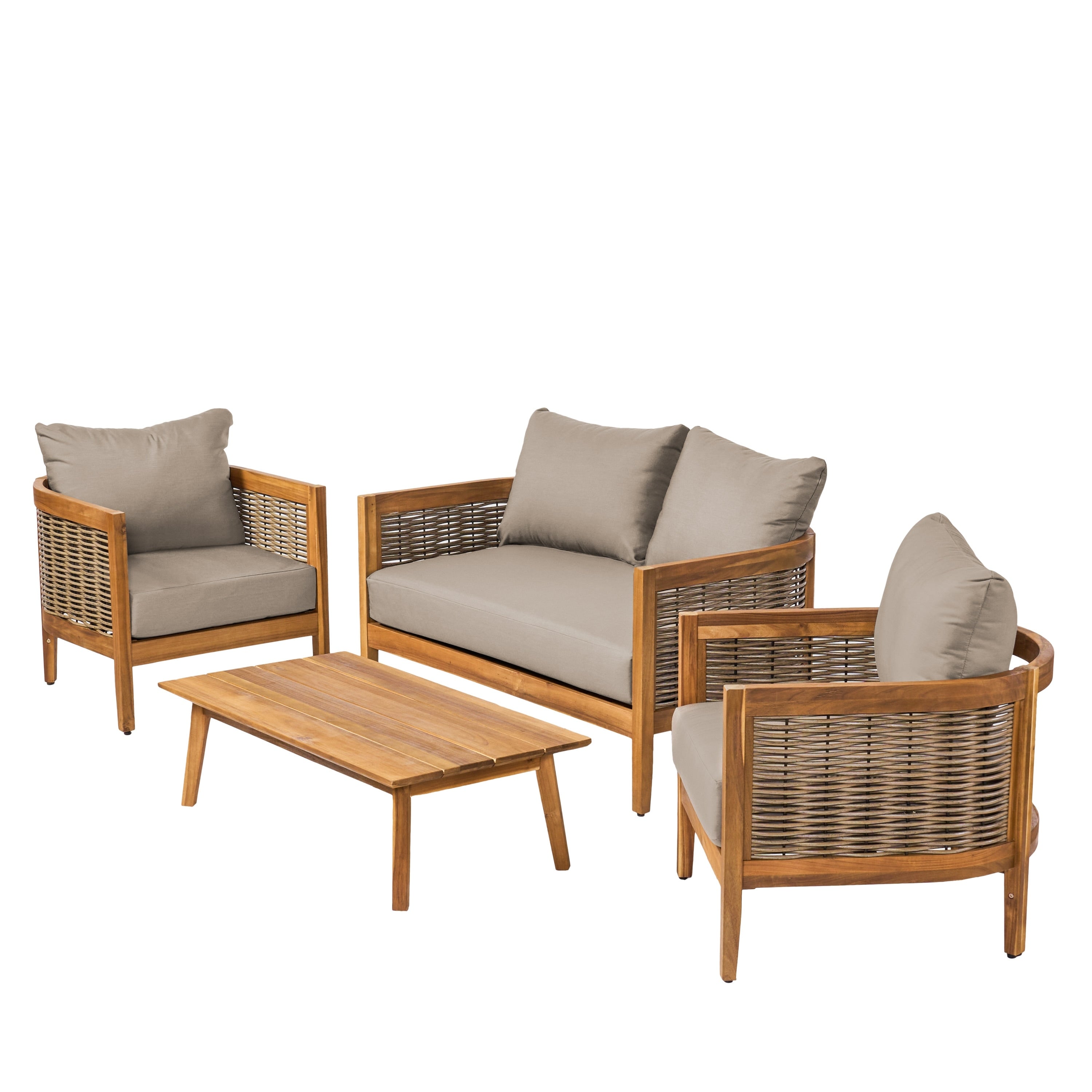 Burchett Outdoor Acacia Wood and Wicker 4 Seater Chat Set with Optional Sunbrella Cushions by Christopher Knight Home