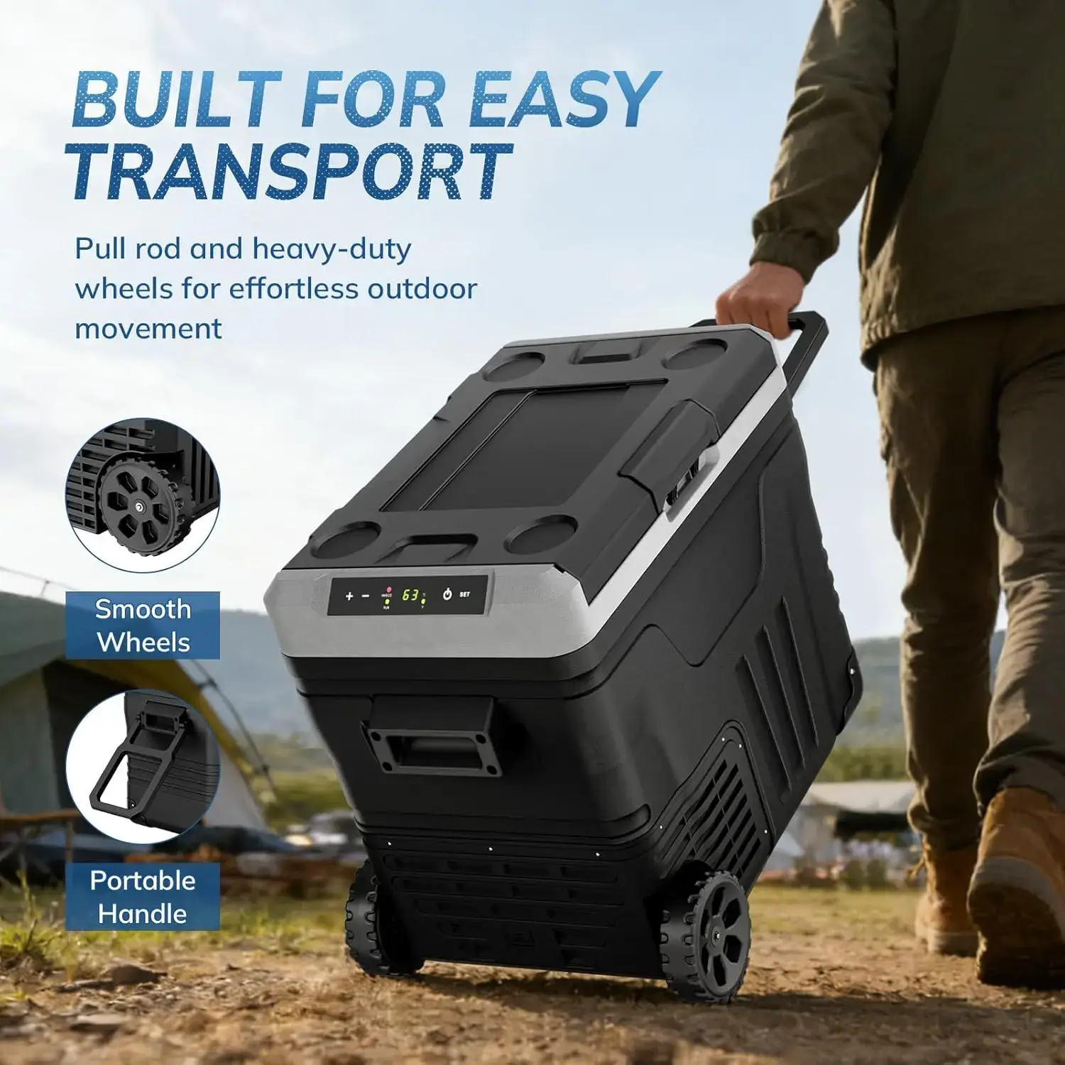 12V Refrigerator (24/37/53Quart /23L/35L/50L) supports 12V/24V DC & 110-240V AC. Portable with -4°F~68°F range, it features wheels, 2 baskets, and large cooling zone. Ideal for RVs, travel, Truck, Boat