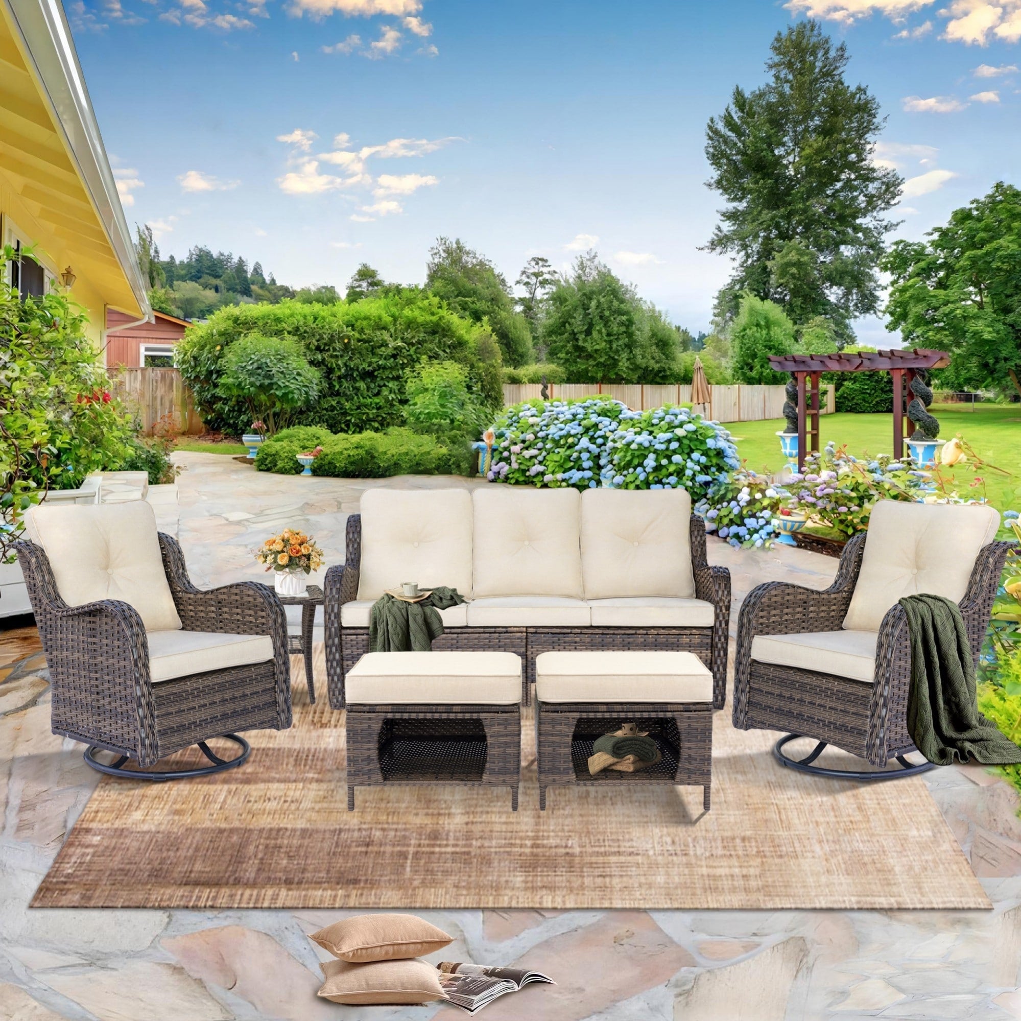 Outdoor Patio Furniture Set-Wicker Patio Conversation Swivel Chair Set