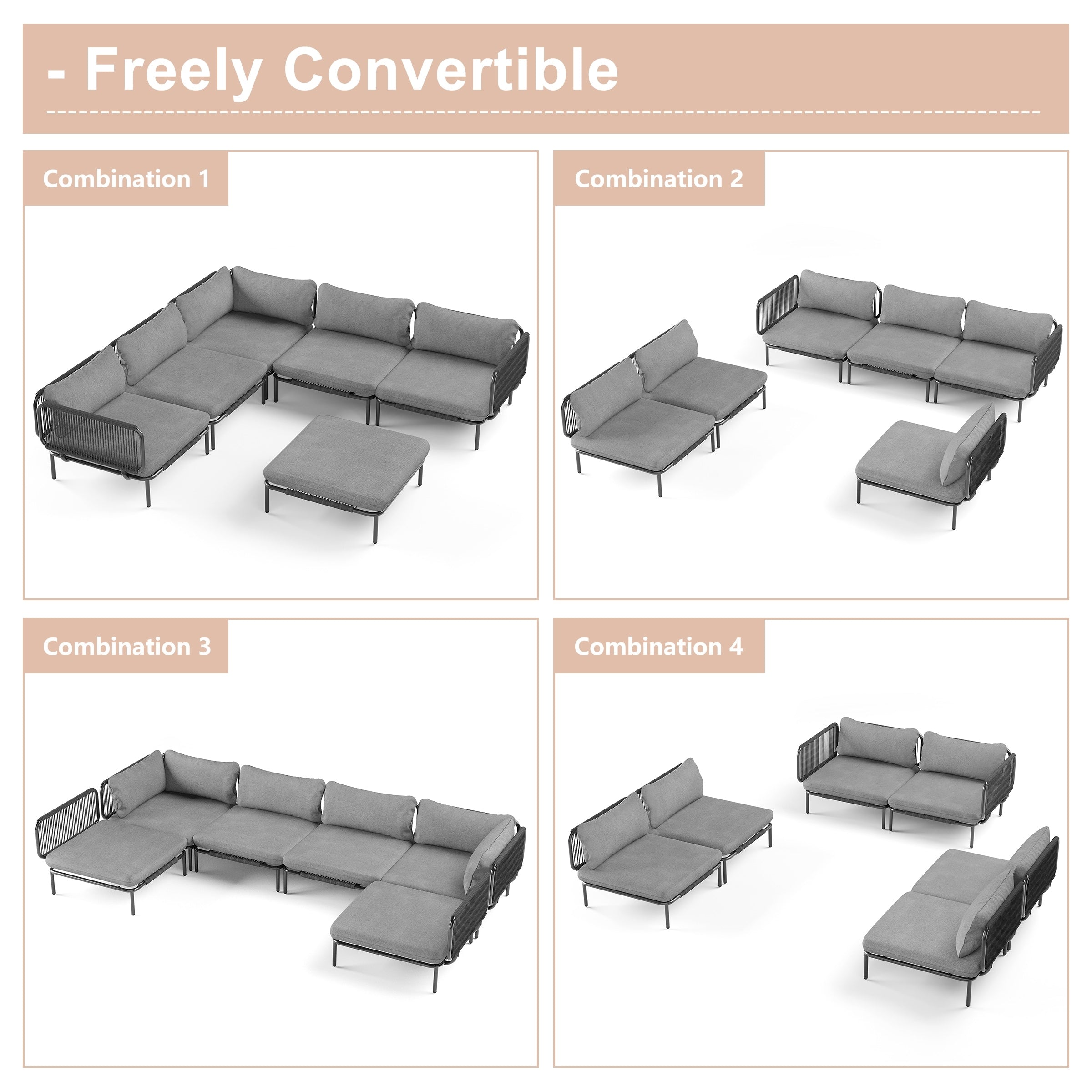 Outdoor Cushioned Sectional Sofa Chat Set Patio Furniture Conversation Set, Free Combination