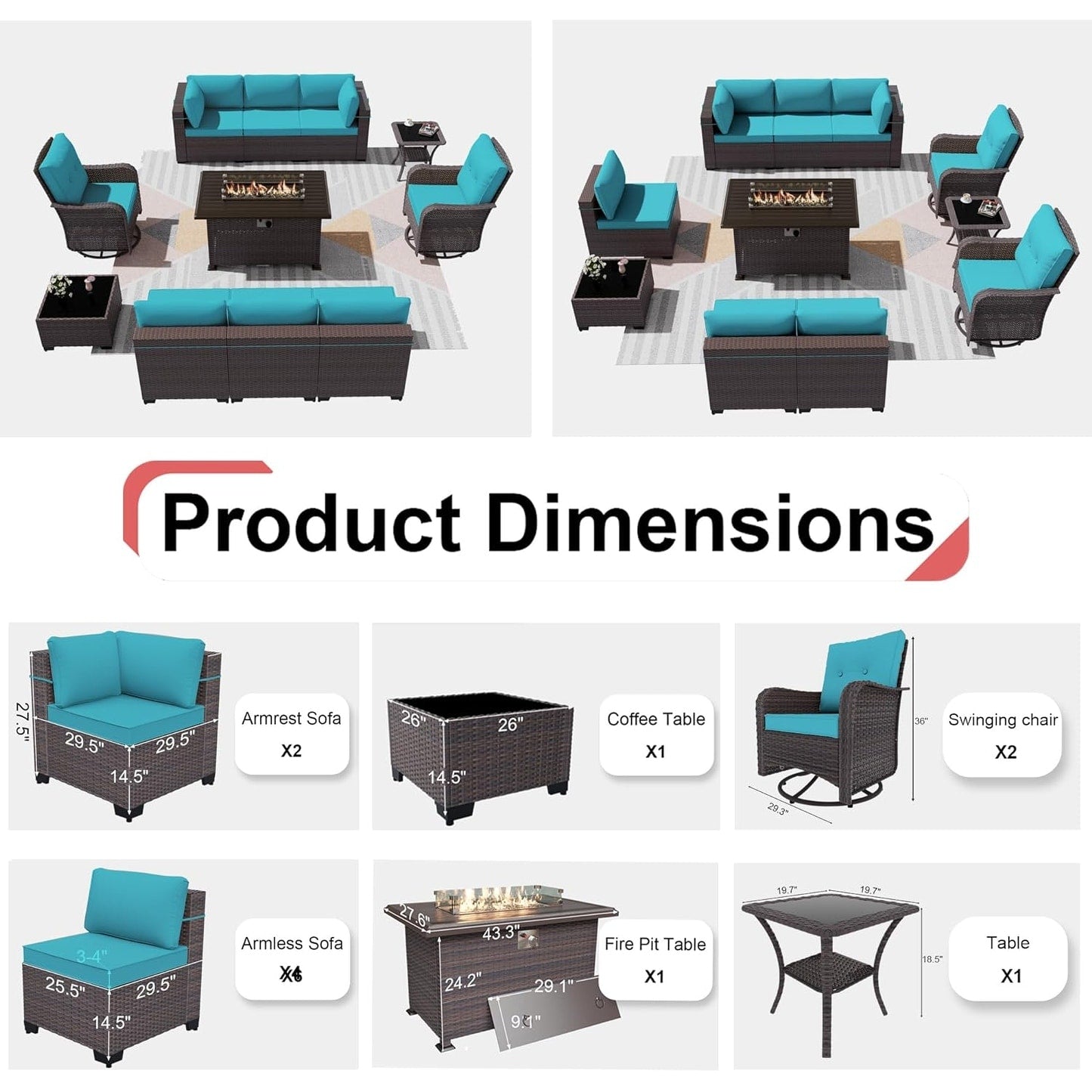 Patio Furniture Sectional Sofa Set, PE Rattan Swivel Rocking Chairs Patio Conversation Set
