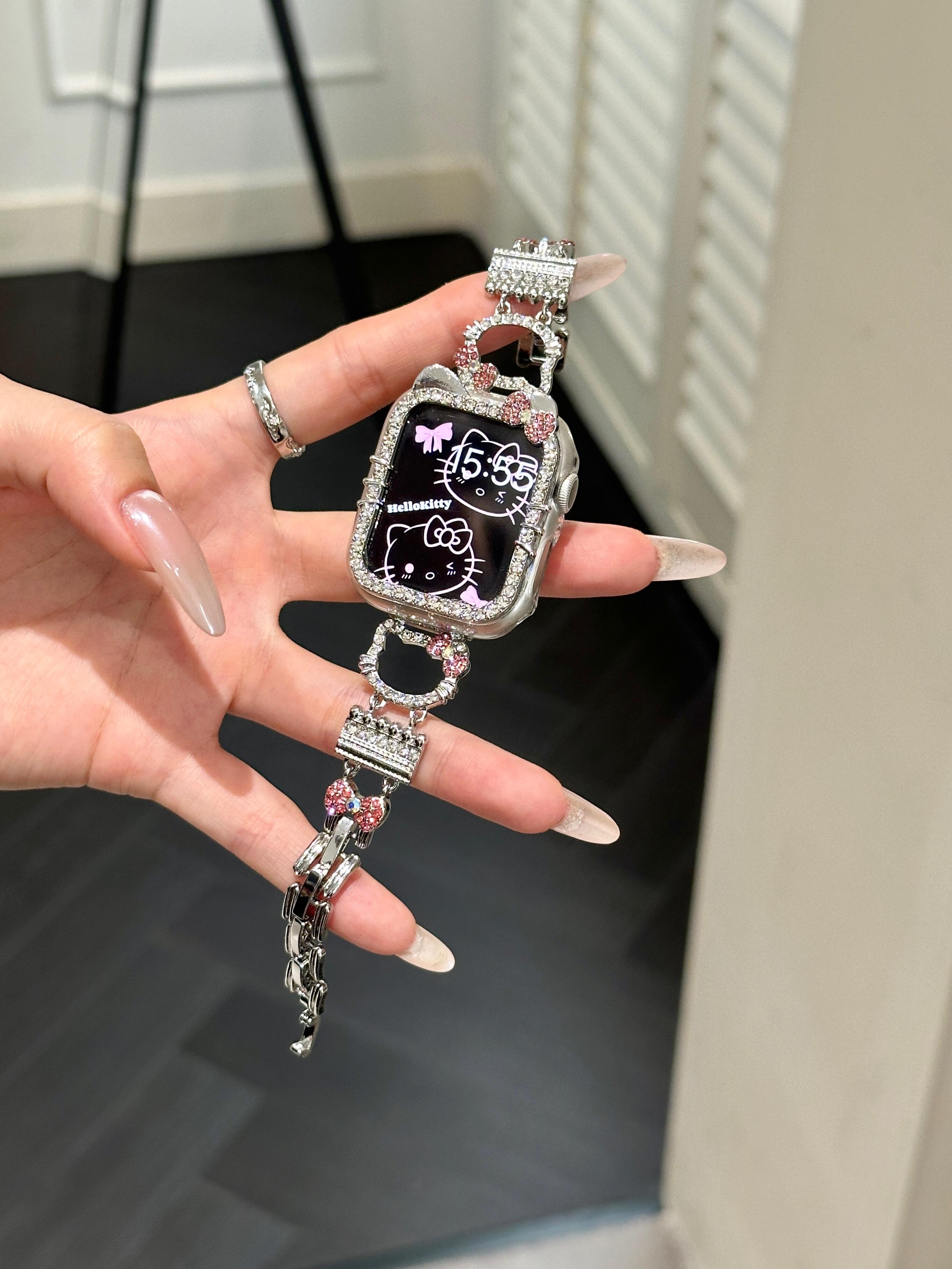 Hellokitty Apple Watch Band Bling Diamond Strap Bands with Screen Protector Case