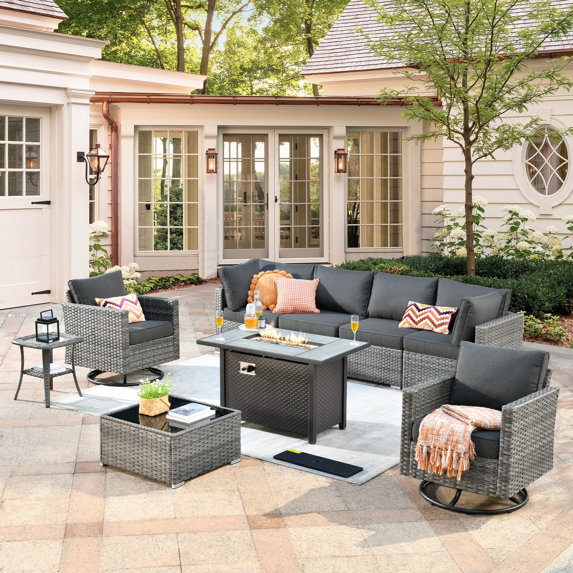 XIZZI 9 Pieces Patio Wicker Furniture Swivel Rocker with Firepit Table