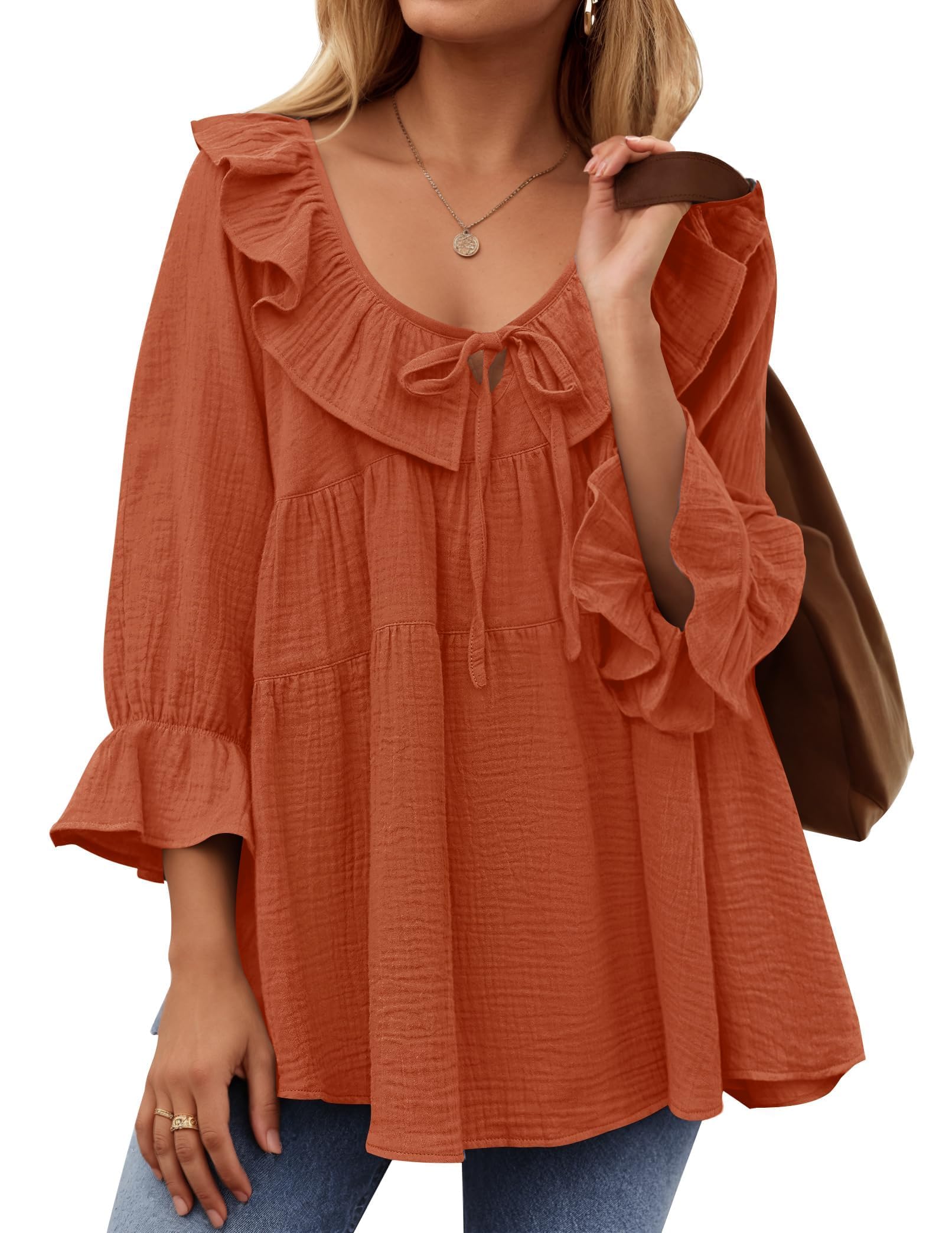 Women’s Scoop Neck 3/4 Length Sleeve Tie Front Ruffle Tiered Tunic Shirts