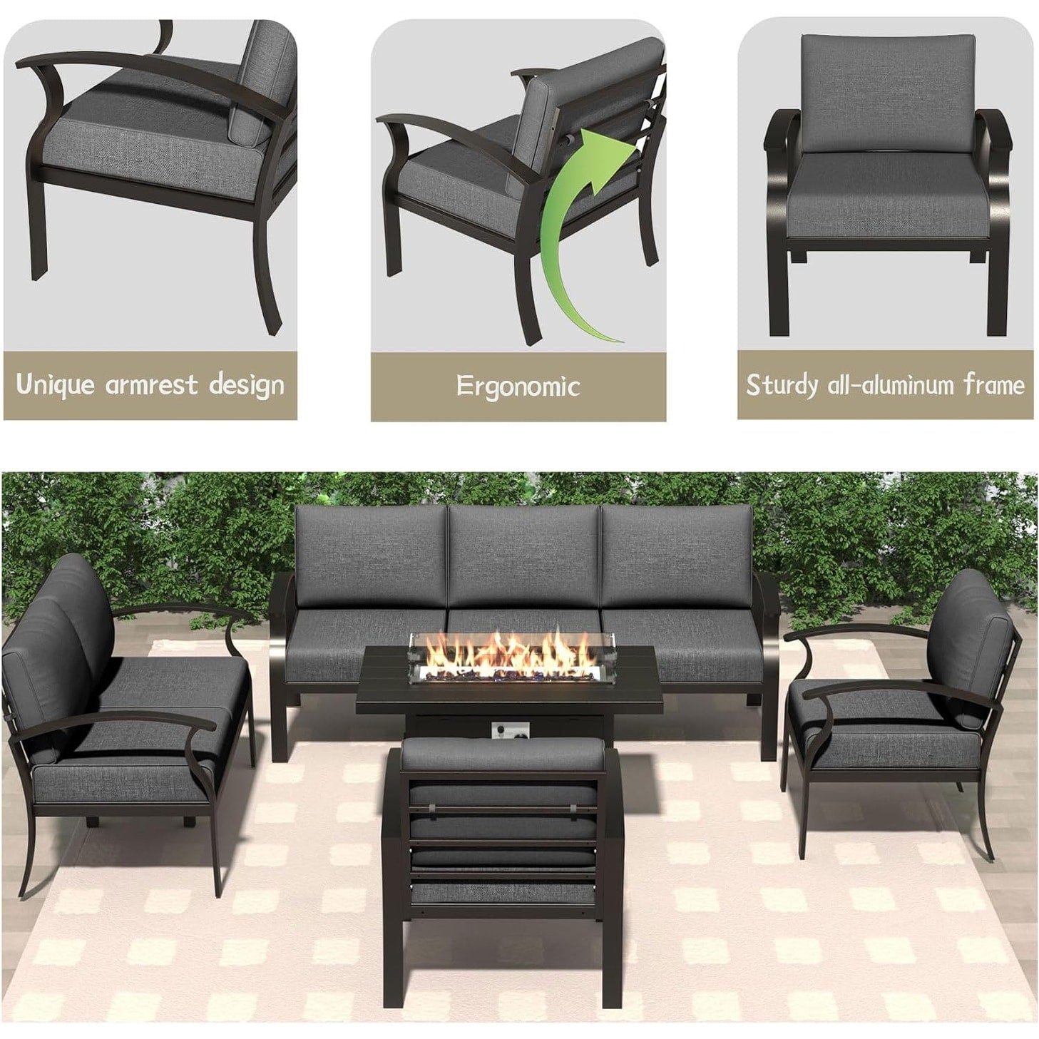 Kullavik Aluminum Outdoor Patio Furniture with Curved Armrests & Firepit Table