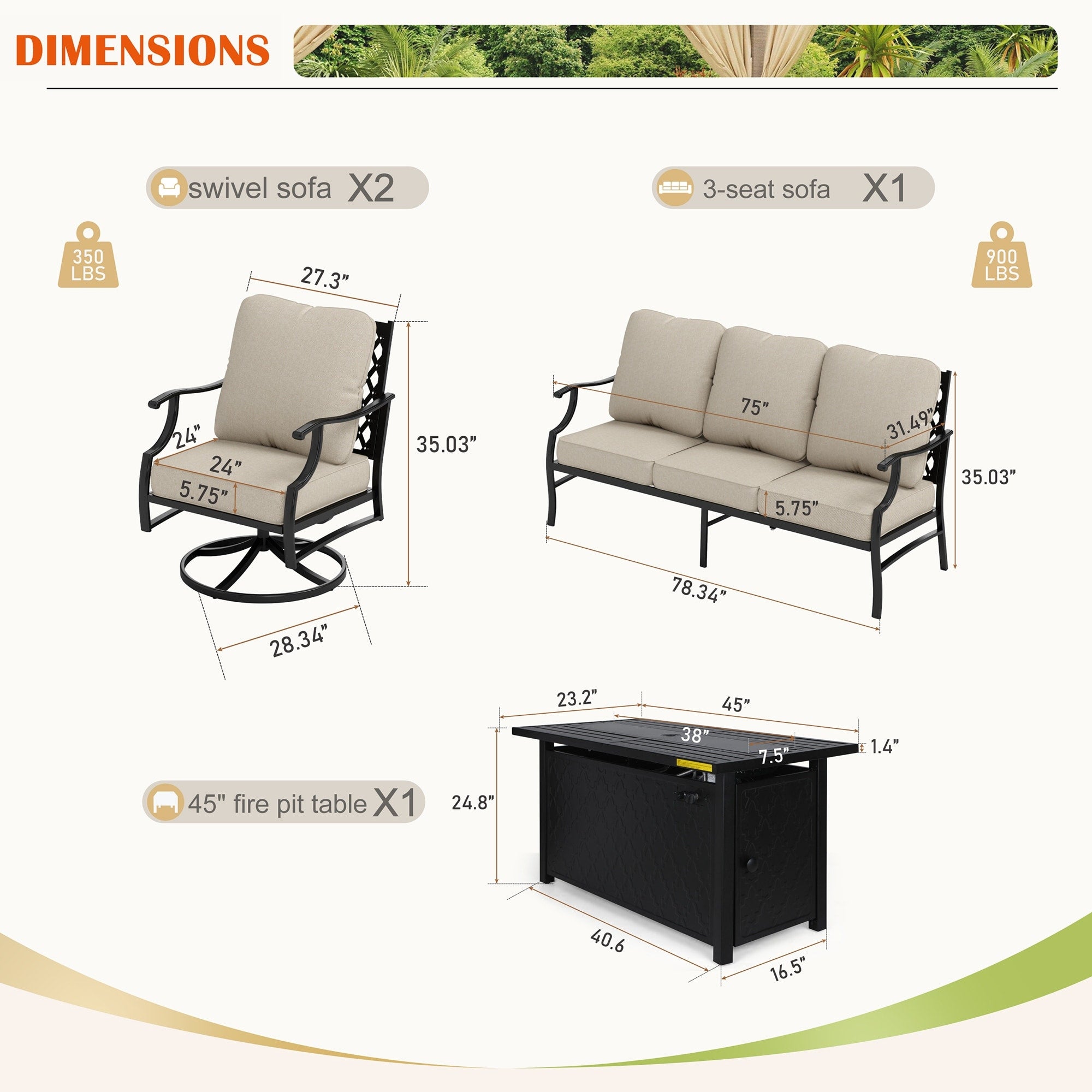 MAISON ARTS Outdoor Sofa Set 4/6-Piece Patio Conversation Set with 45'' Gas Fire Pit Table
