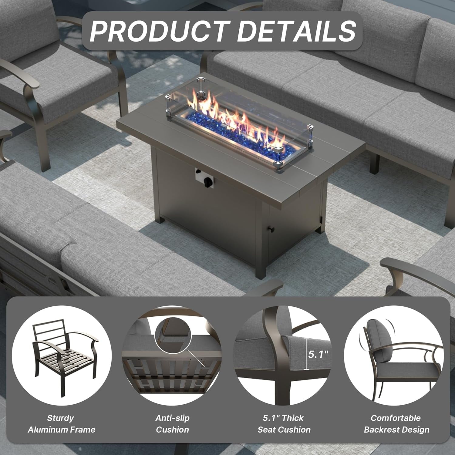 Kullavik Aluminum Outdoor Patio Furniture with Curved Armrests & Firepit Table