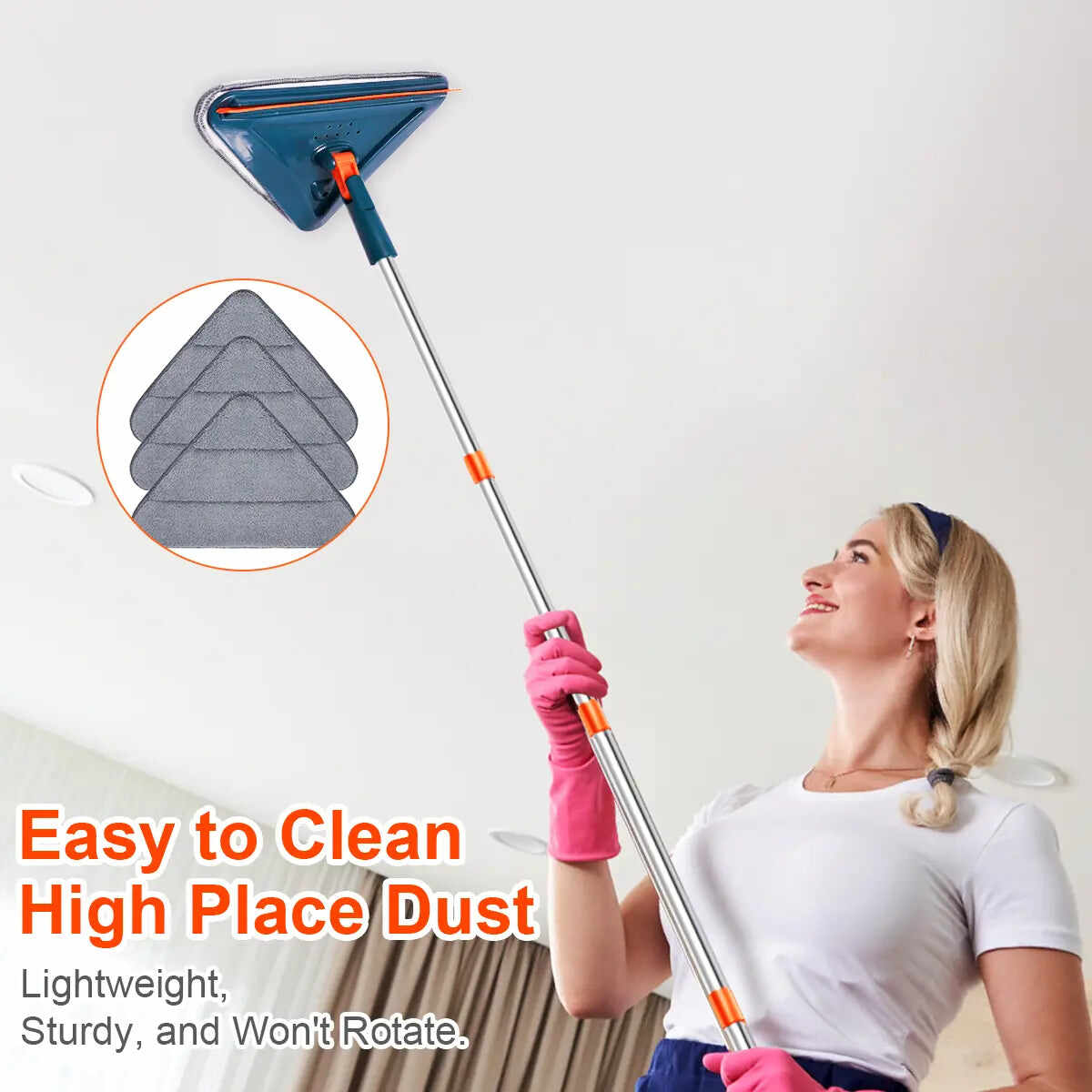 Long Handle Wall Cleaner Adjustable Length Wall Mop 360° Spinning Head Floor Wall Washing Cleaning Tool for Walls Ceiling Fans Floors Baseboards Dust Kitchen General Purpose, 6 Replacement Pads and 1 Silicone Squeegee