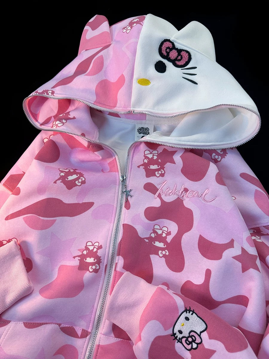 Hellokitty Camouflage Drawstring Zip Up Oversized Hoodies Jacket
