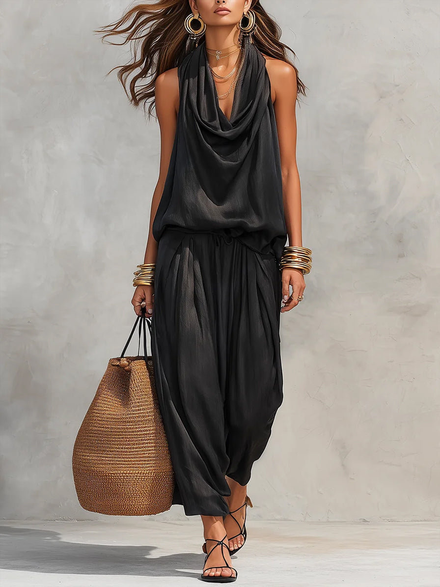 Open-Back Draped Halter Top & Relaxed Wide Leg Pants Set