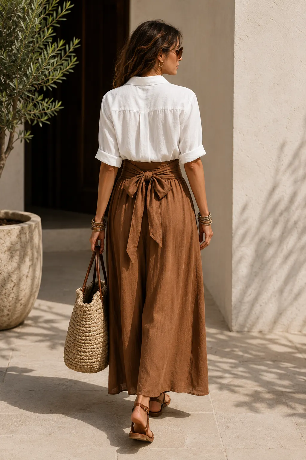 Casual Button-Up Shirt & Tie Waist Maxi Skirt Set