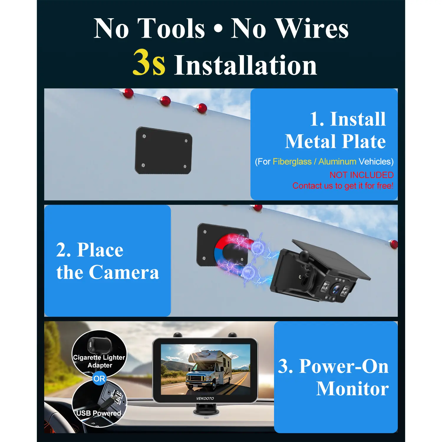 Magnetic Solar Wireless Backup Camera,7'' IPS Touchscreen Monitor,HD1080P IP69 Waterproof Rechargeable Camera,IR Night Vision for RV Trailer Camper Truck