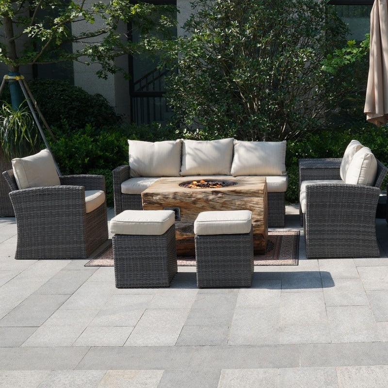 7-piece Patio Wicker Garden Chat Sofa Set with Fire Pit Table and Storage Box