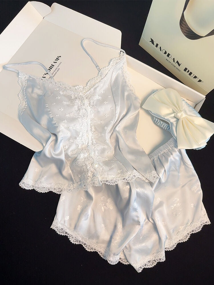 Satin Lace Pajama Set for Women 2 Piece Silky Lingerie Sleepwear Camisole Pj Shorts Set Soft Nightwear