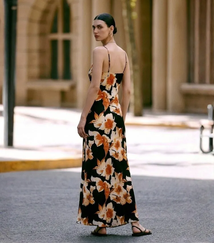 Orange Floral Print V-Neck Spaghetti Strap Wrap Maxi Dress