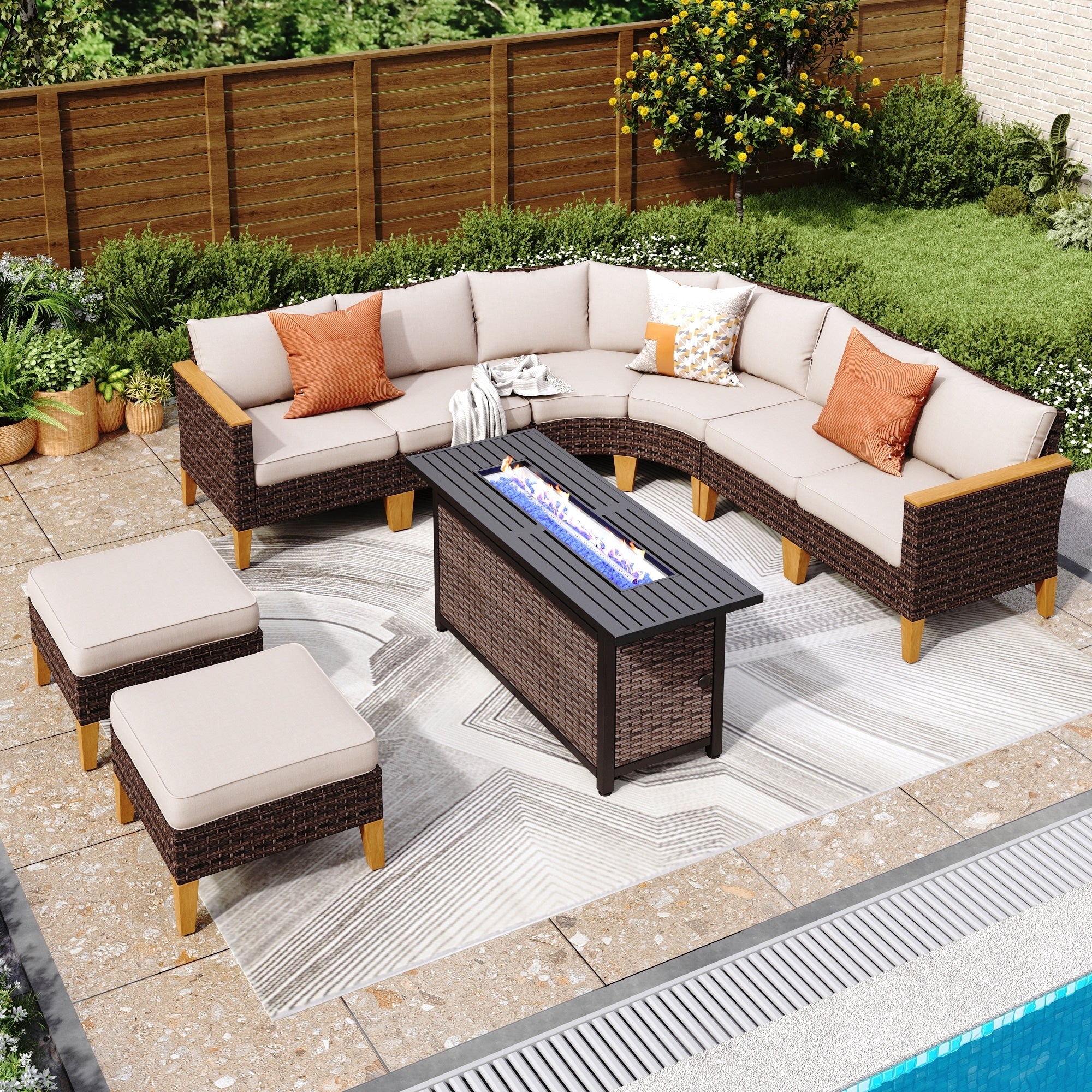 6-11 Piece Patio Outdoor Wicker Sectional Sofa Half-Moon Furniture Set Large Seating Conversation Sets with Fire Pit Table