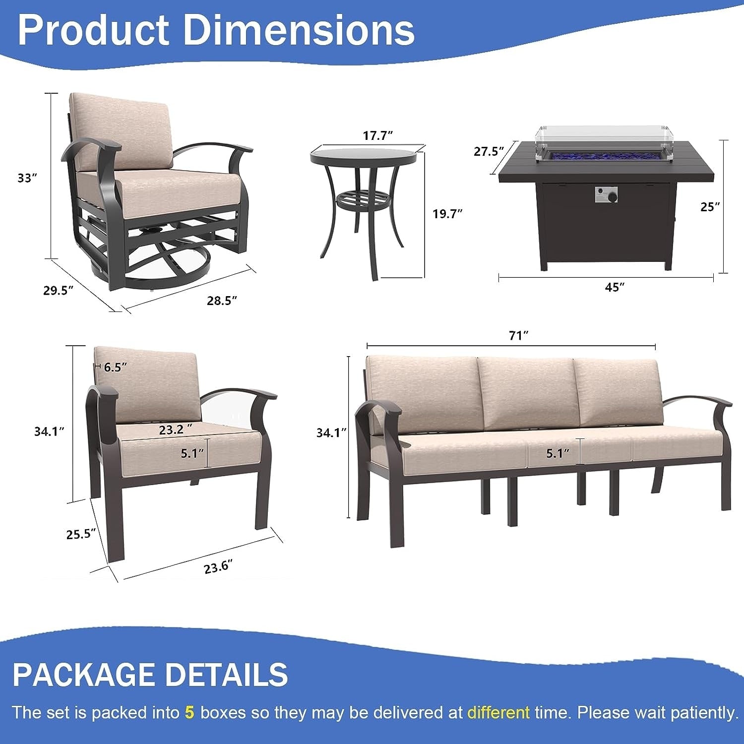 Kullavik Aluminum Outdoor Patio Furniture with Curved Armrests & Firepit Table