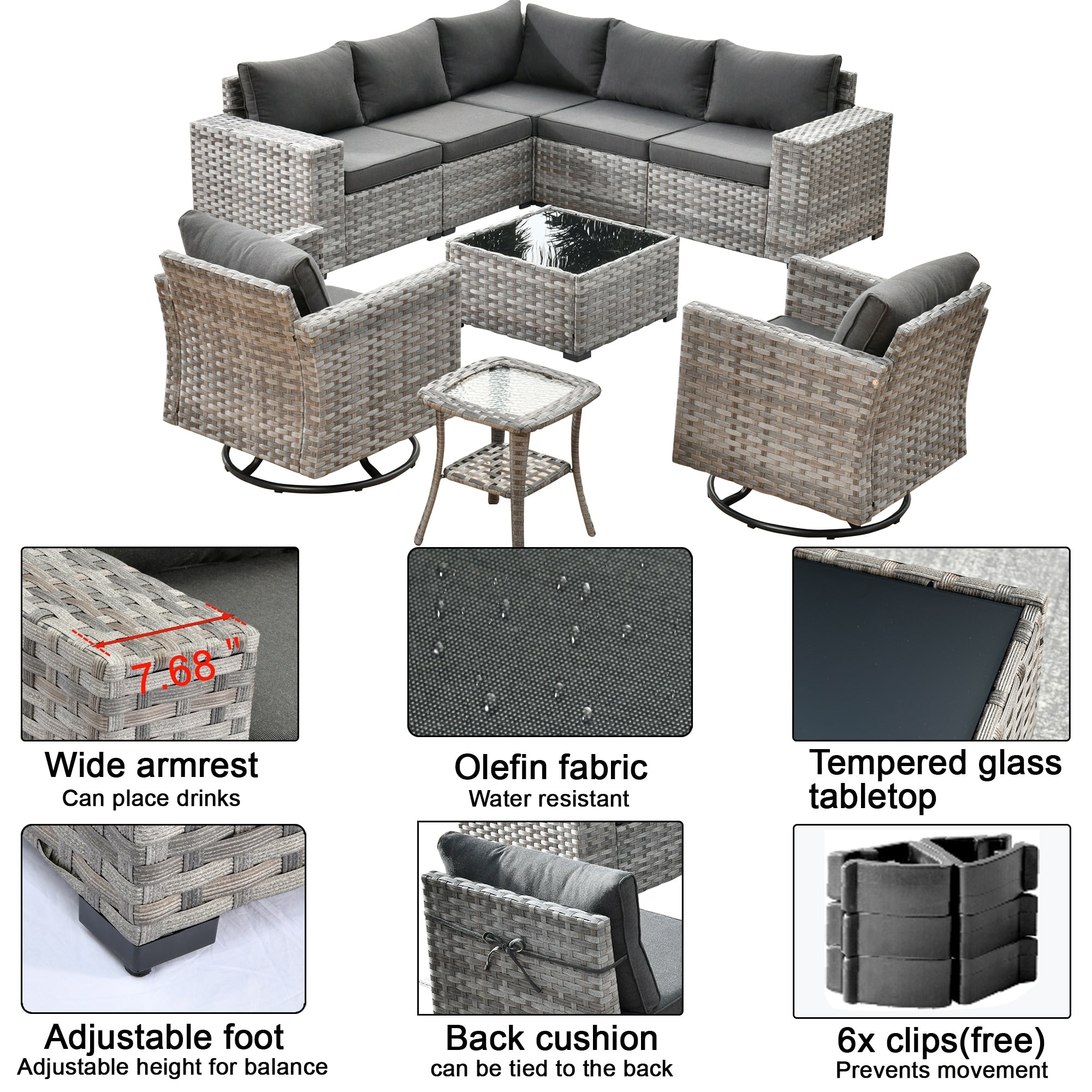 OVIOS 9-piece Patio Wicker Swivel Rocking Chair Set with Glass-Top Tables