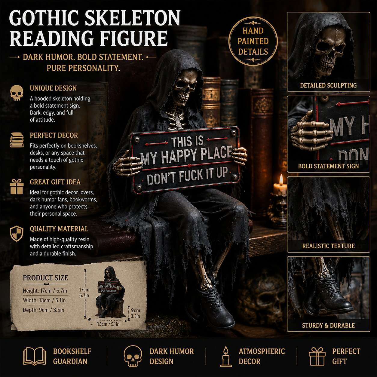🔥LAST DAY 50% OFF - 💀“This Is My Happy Place” Skeleton Bookshelf Decor