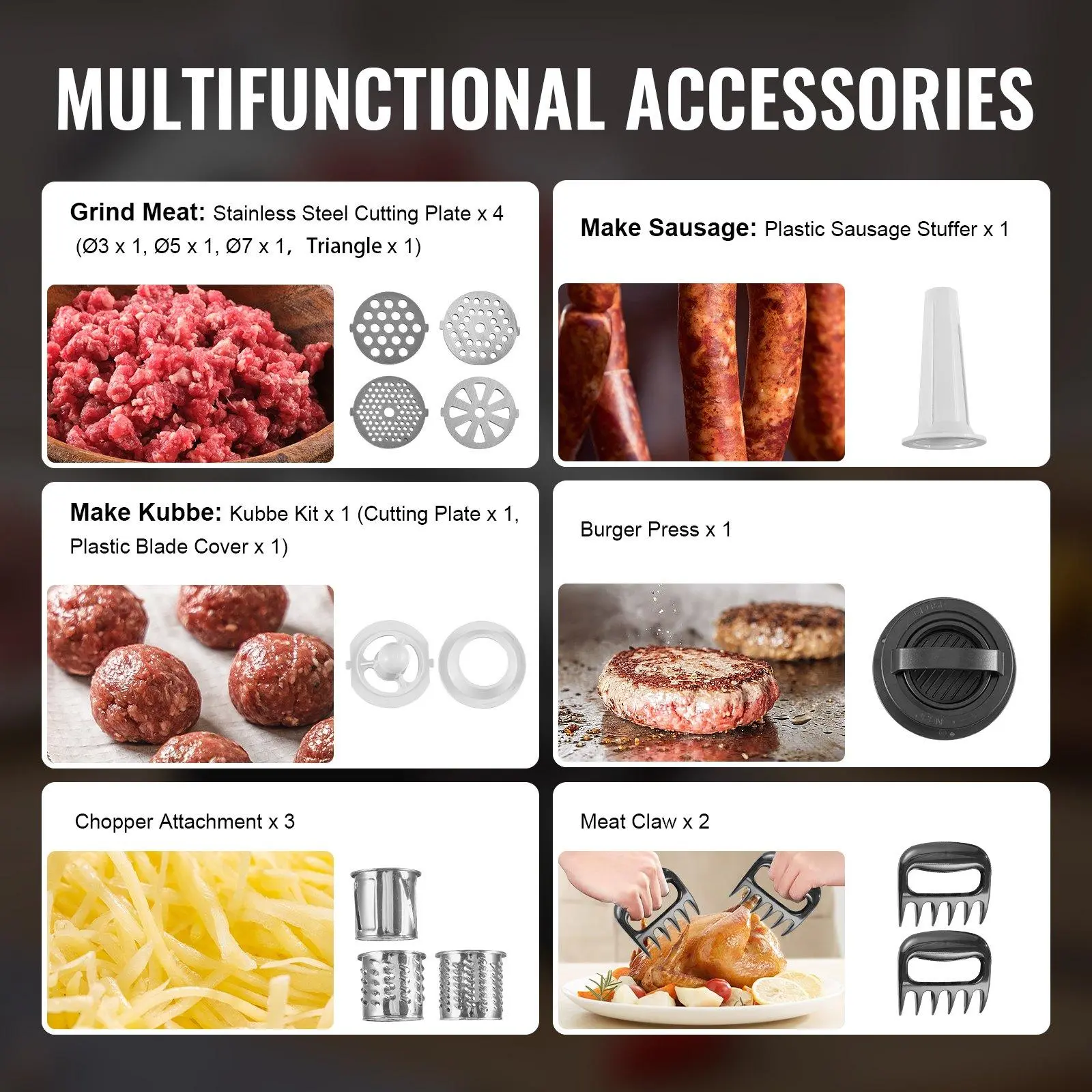 Meat Grinder, 3 Lbs/Min Capacity Electric Meat Grinders with Blade, Grinding Plate, Sausage Maker, Kubbe Kit, Burger Press, Chopper Attachment, Stainless Steel Meat Mincer for Home Kitchen