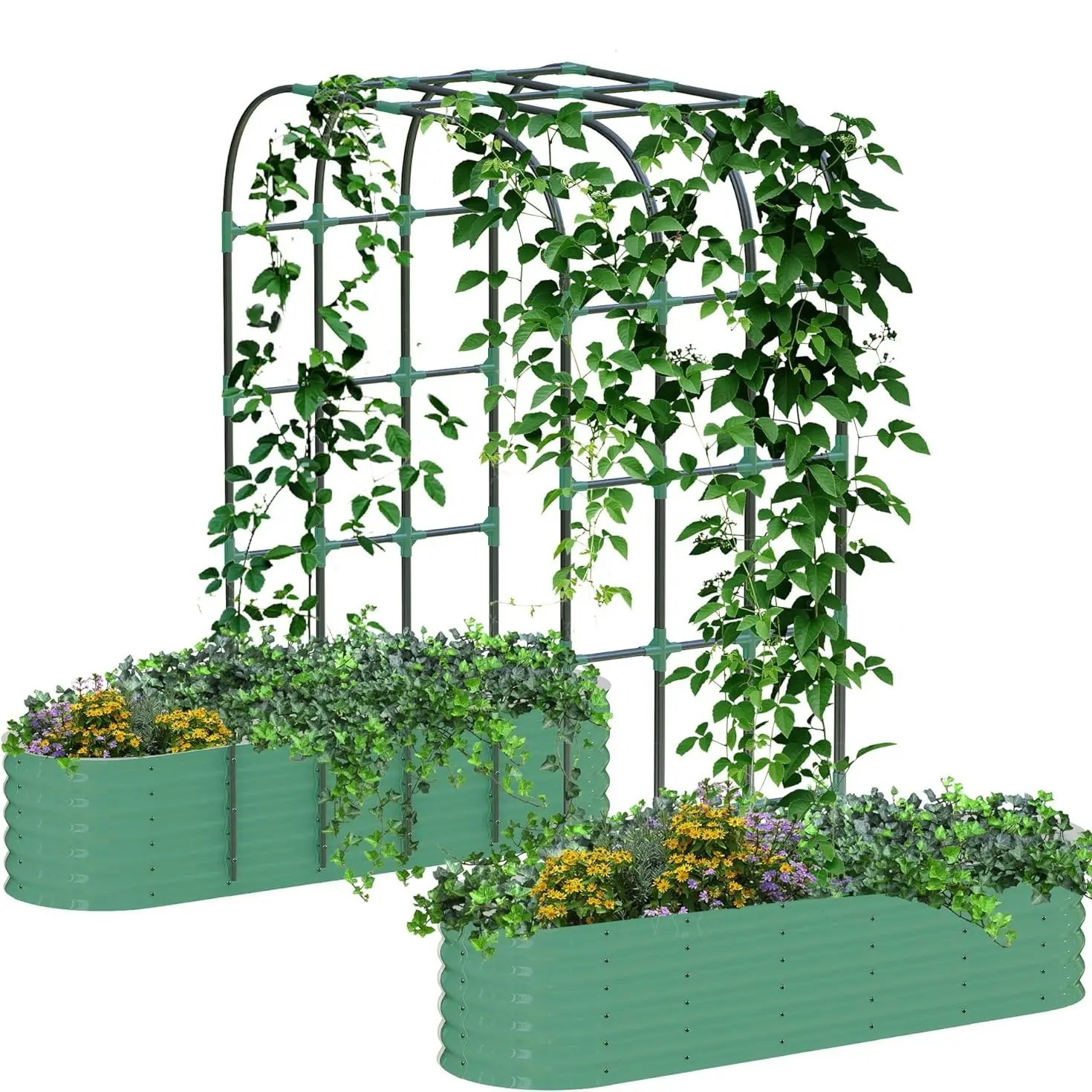 2Pcs Raised Garden Bed Set with Arch Trellis, 200x60x45cm Green Steel
