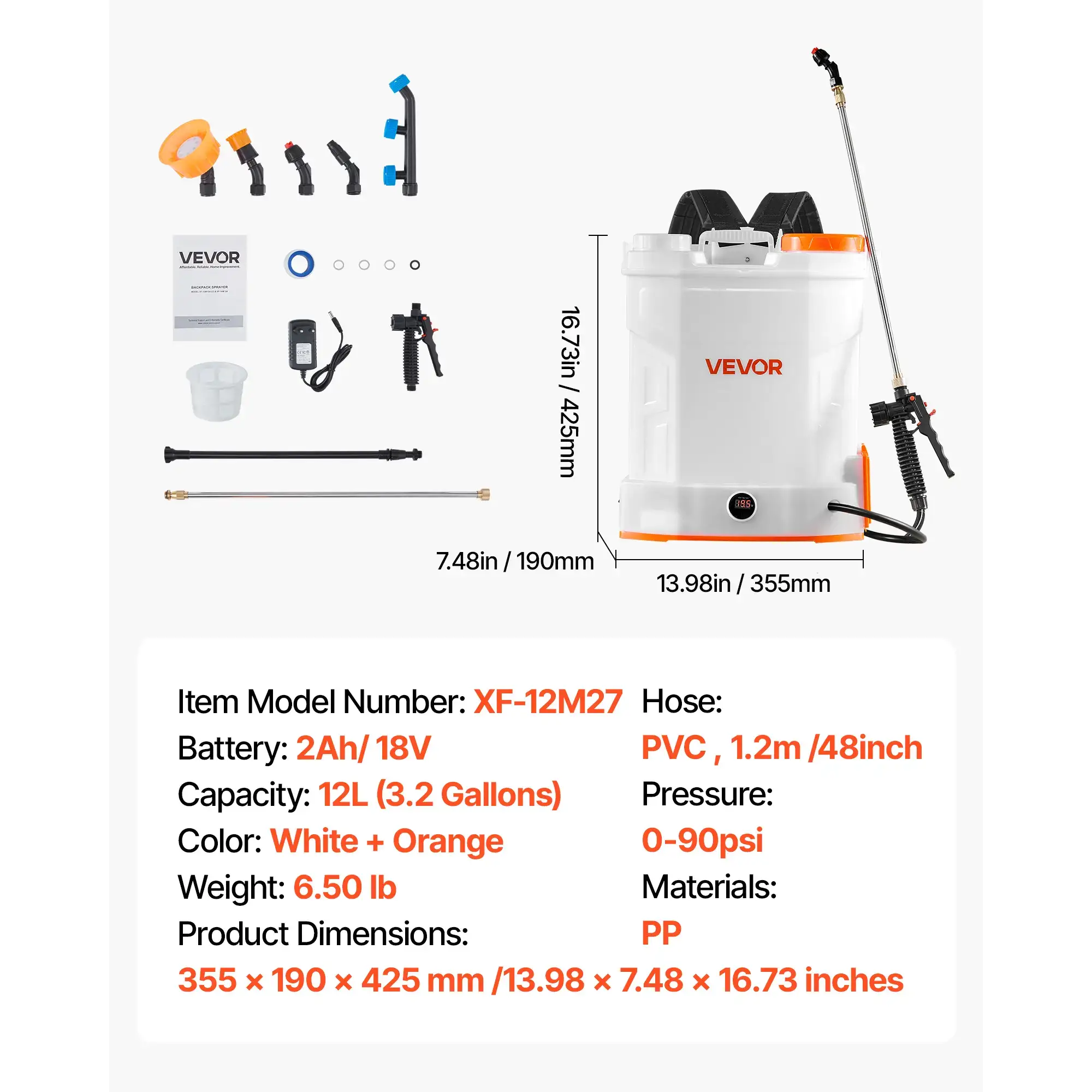 Battery Powered Backpack Sprayer, 3.2 Gal Electric Weed Sprayer with 2 Wands & 5 Nozzles, Adjustable 0-90 PSI, 2 Hour Runtime for Yard Garden Lawn