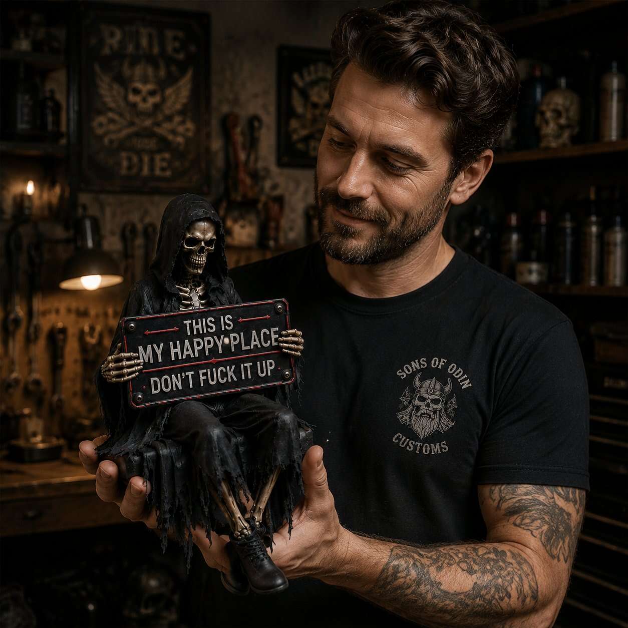 🔥LAST DAY 50% OFF - 💀“This Is My Happy Place” Skeleton Bookshelf Decor