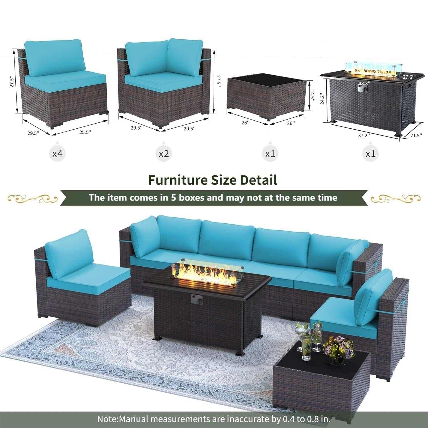 Outdoor Rattan Sectional Sofa Set, Patio Furniture Conversation Set with Fire Pit Table