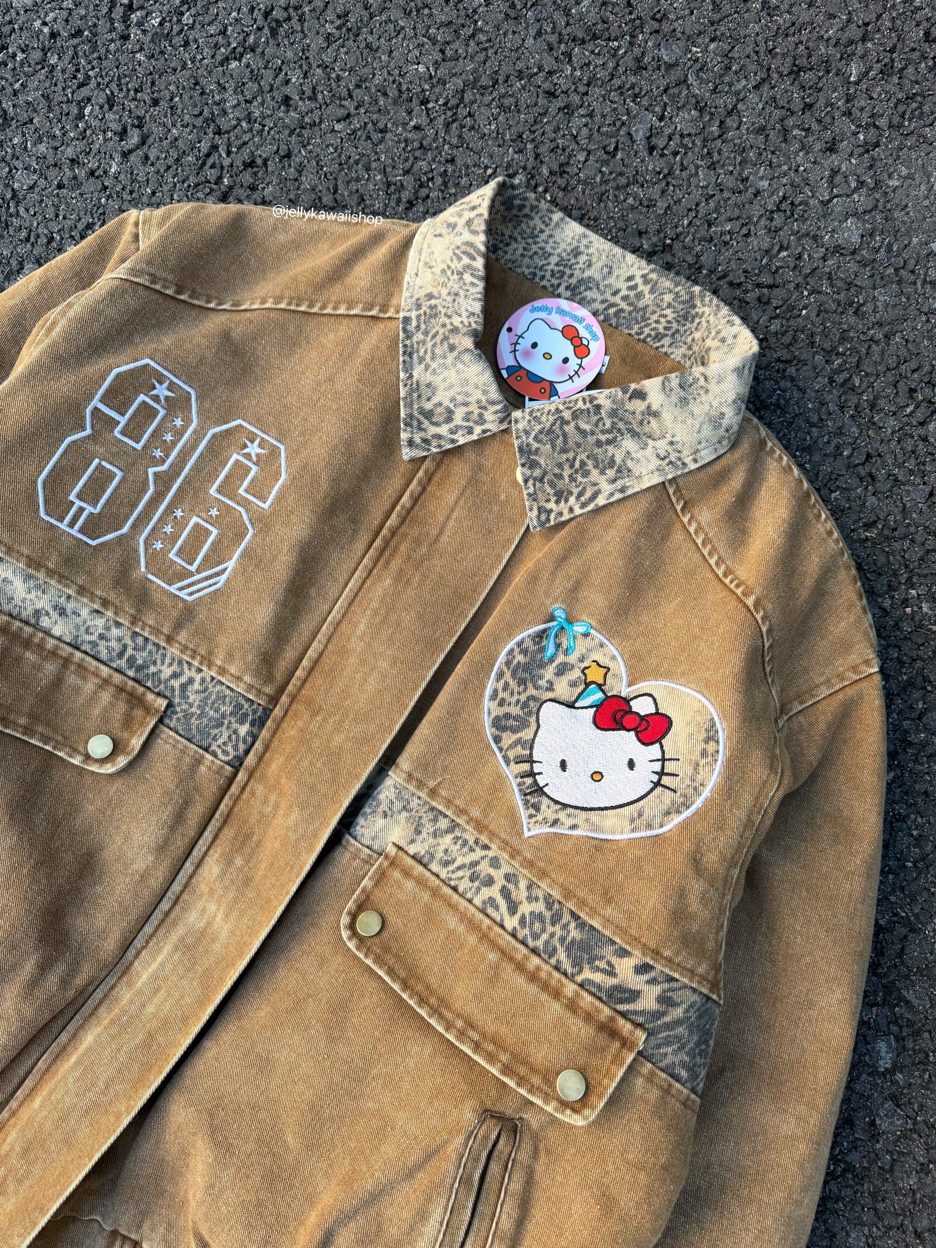 Hellokitty Brown Leopard Print Varsity Jacket Baseball Bomber Jacket Vintage Unisex Streetwear Coats