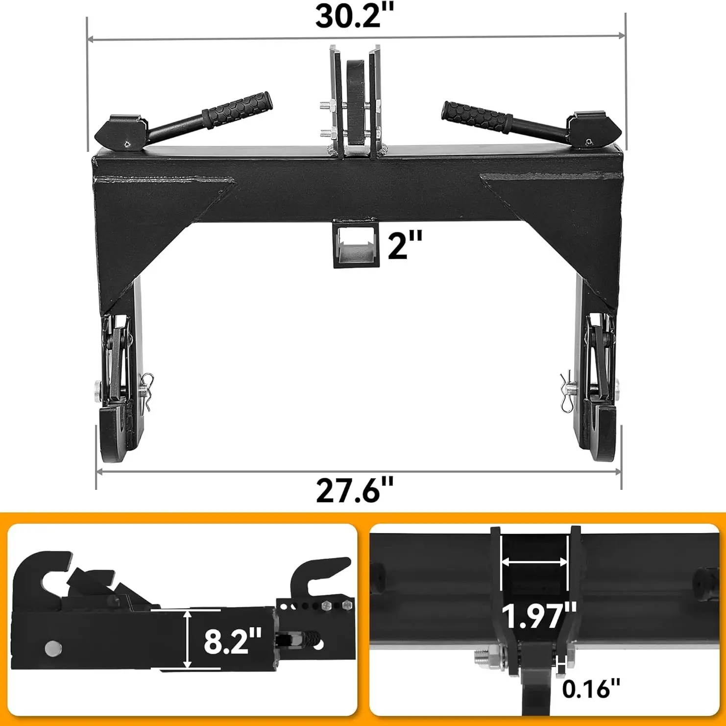 Category 1 3-point quick hitch; 3,000 lb heavy-duty 3-point tractor hitch (with 2-inch receiver); features 5-position adjustable bolts.