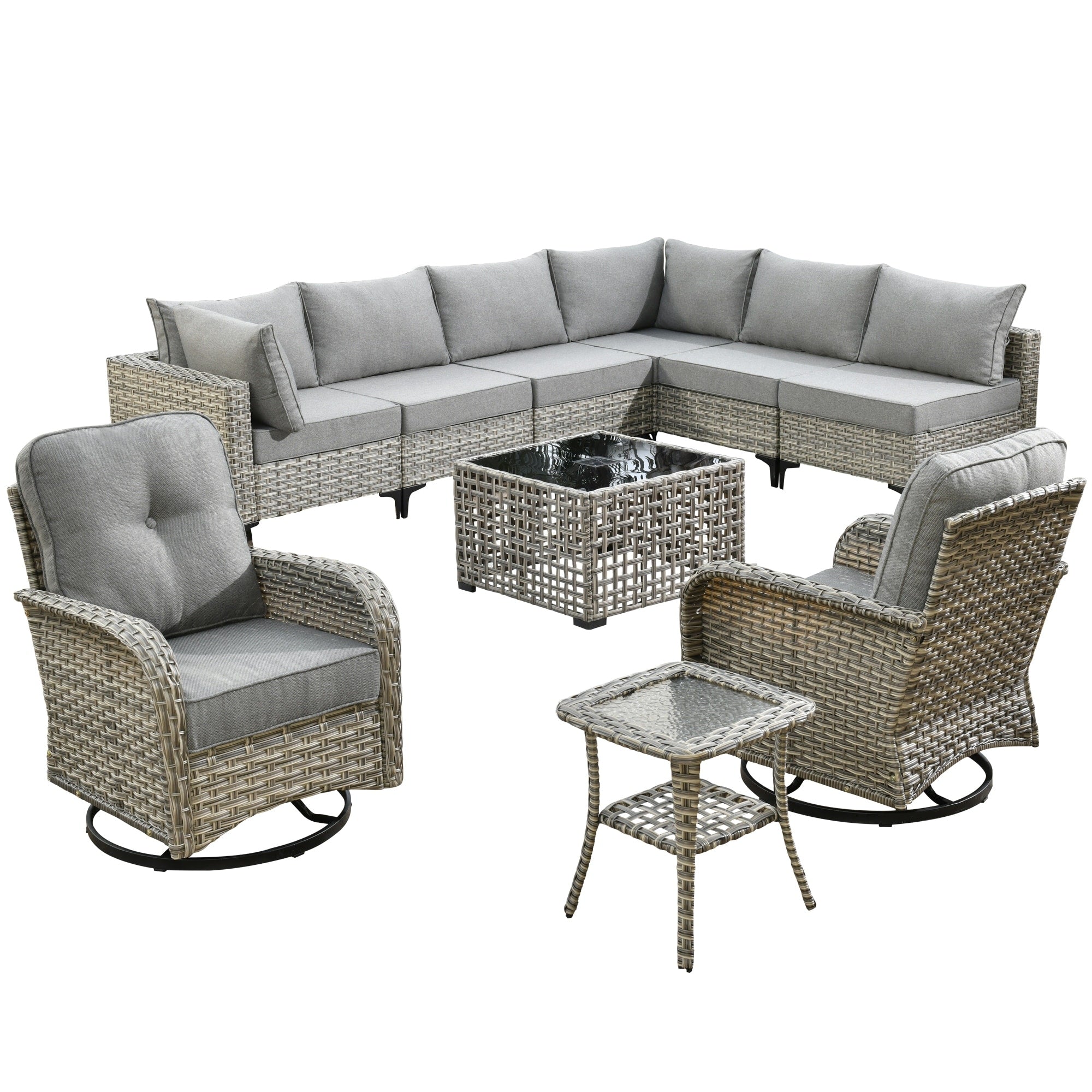 XIZZI 10-piece Patio Furniture Wicker Sectional Set with Swivel Chair