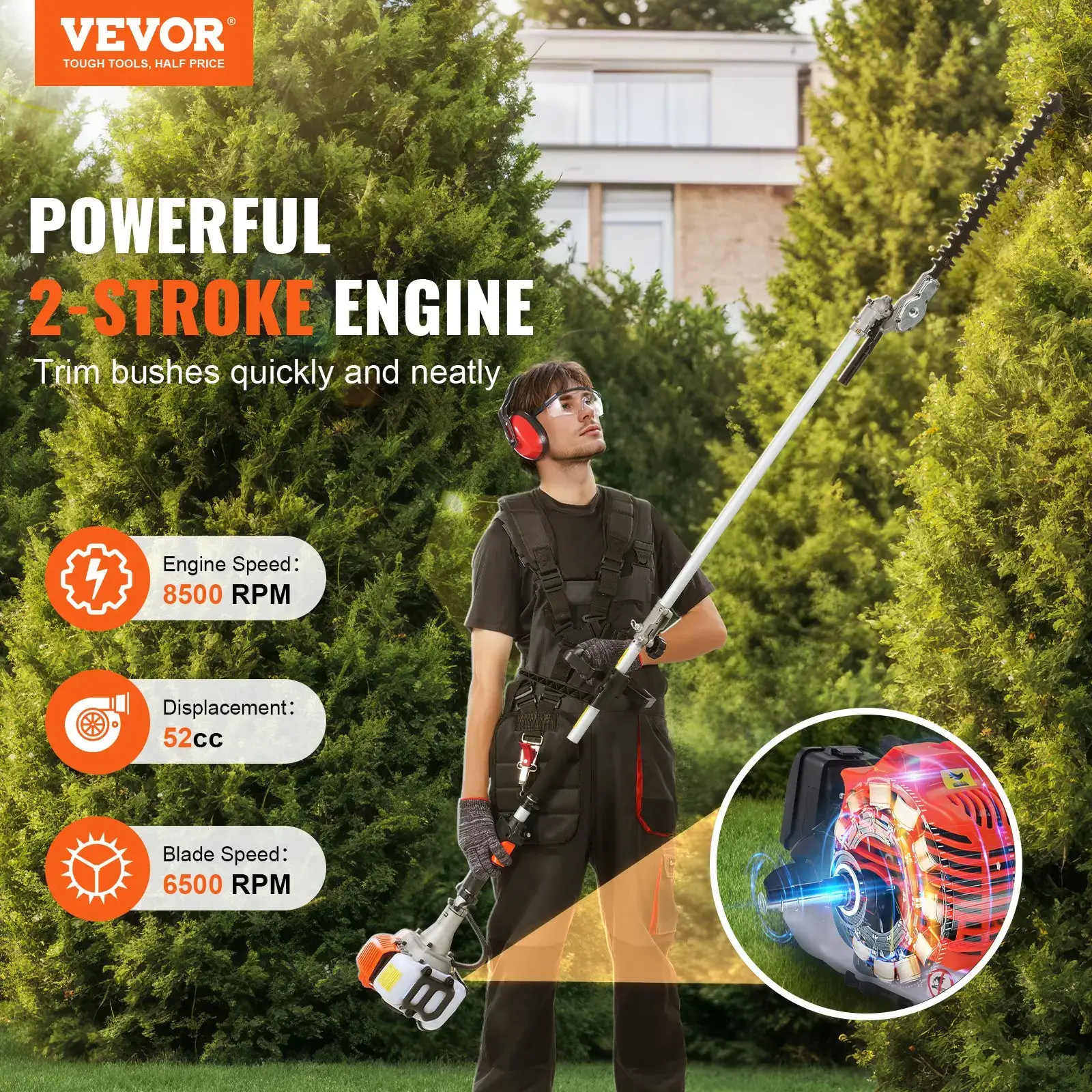 52CC 6-in-1 Multi-Functional Trimming Tools with Gas Hedge Trimmer,Weed Eater, String Trimmer, Brush Cutter, Edger & Pole Saw Chainsaw Pruner Whacker Shoulder Super Brand Day