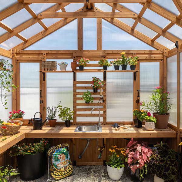 Savannah Chalet-Style 14.5 ft. W x 12 ft. D x 10.5 ft. H Cedar and Polycarbonate Light Brown Greenhouse Kit w/ PowerPort