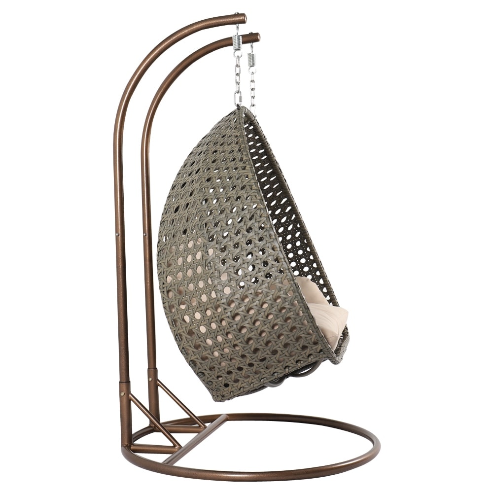 LeisureMod 2 Person Hanging Egg Chair with Stand - Outdoor/Indoor Rattan Wicker Patio Swing Hammock Lounger with Cushions