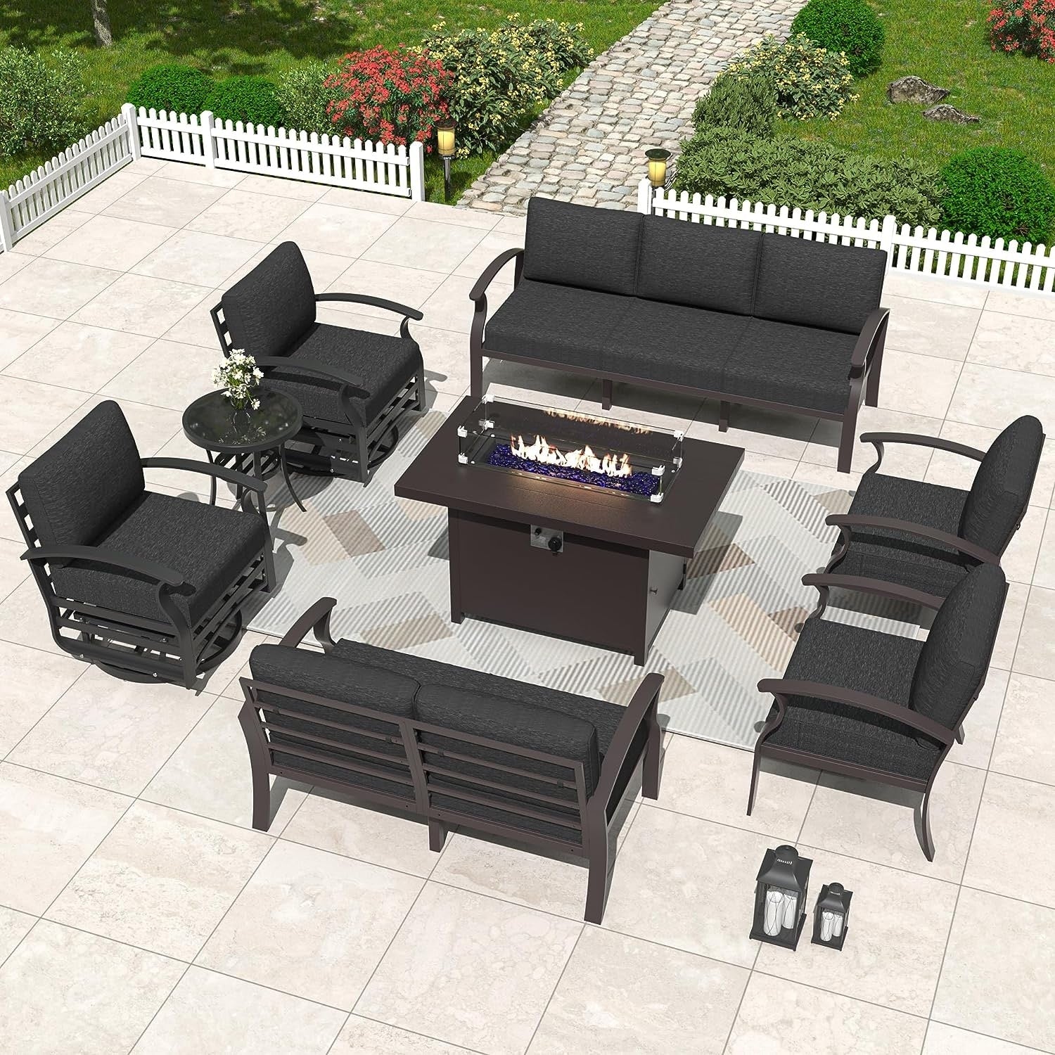 Kullavik Aluminum Outdoor Patio Furniture with Curved Armrests & Firepit Table