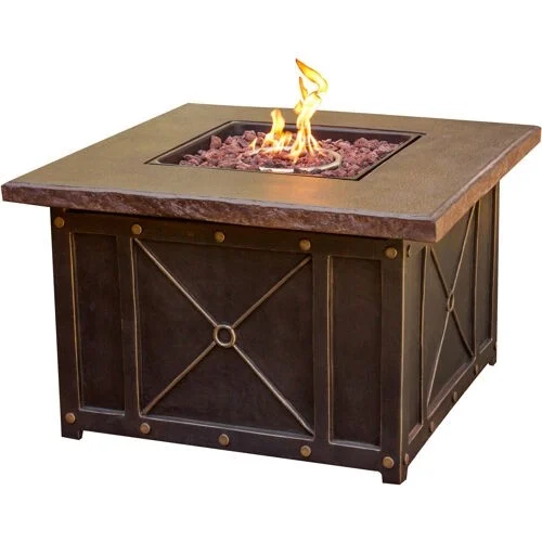 Orleans 4-Piece Woven Fire Pit Lounge Set in Avocado Green with Sofa, 2 Swivel Gliders and Durastone Fire Pit, Autumn Berry