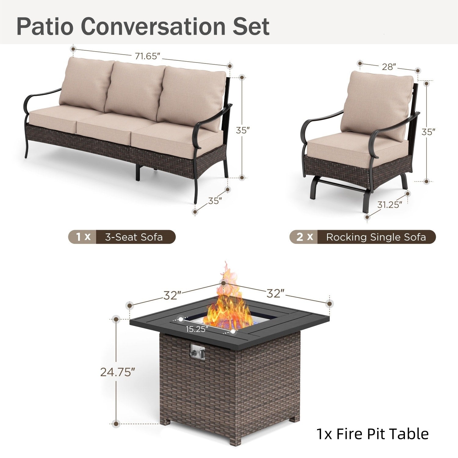 MAISON ARTS Oversized 6-Piece Outdoor Patio Set with Fire Pit - 3-Seater Sofa, 2-Seater Sofa, Swivel Chairs, Ottomans (Beige)