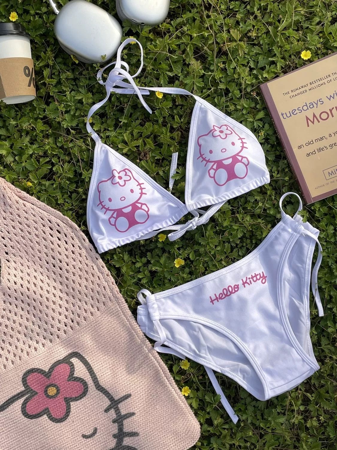 Hellokitty Halter Tie Side Triangle Bikini Set