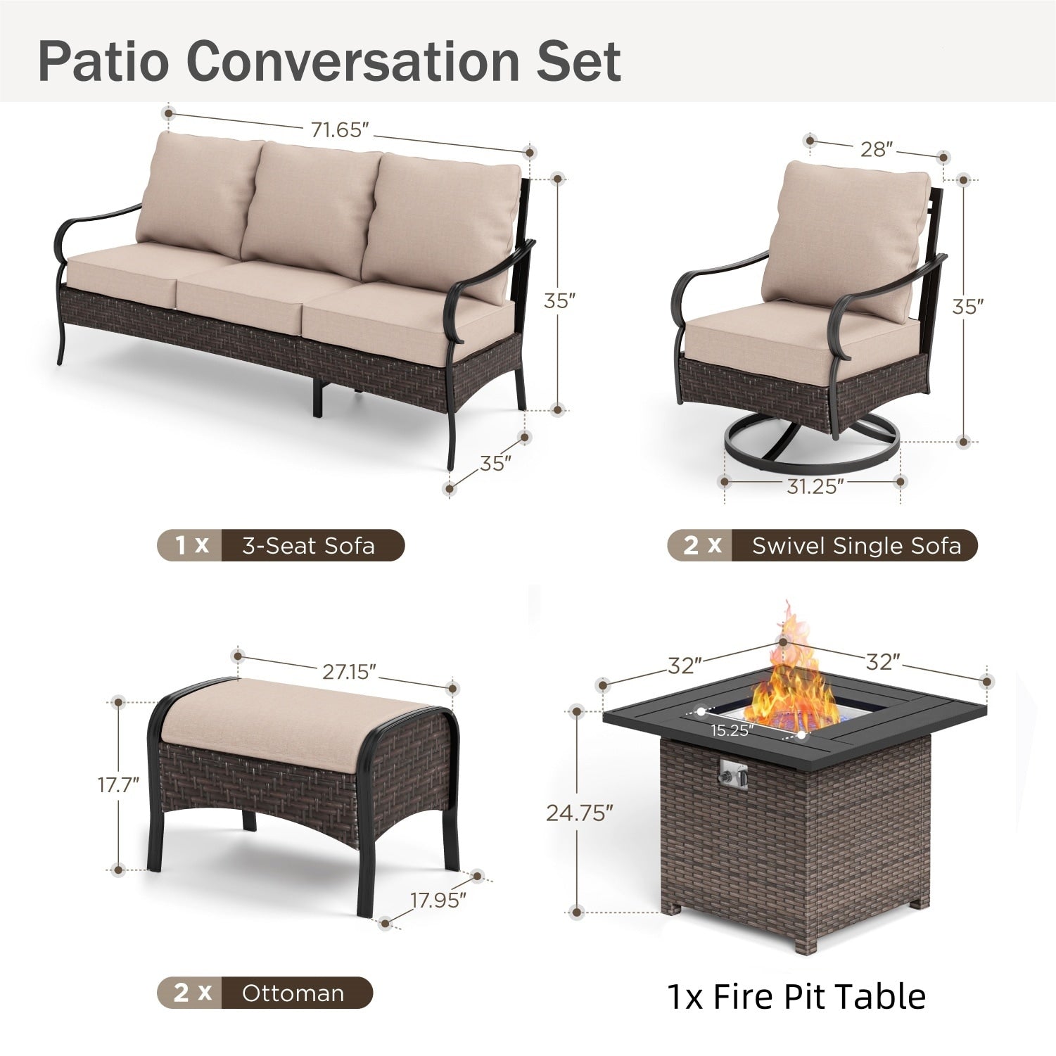 MAISON ARTS Oversized 6-Piece Outdoor Patio Set with Fire Pit - 3-Seater Sofa, 2-Seater Sofa, Swivel Chairs, Ottomans (Beige)